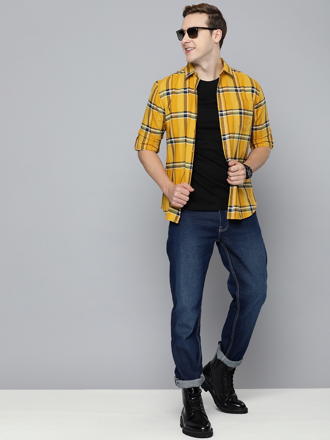 

HERE&NOW Men Pure Cotton Slim Fit Tartan Checked Casual Shirt, Yellow
