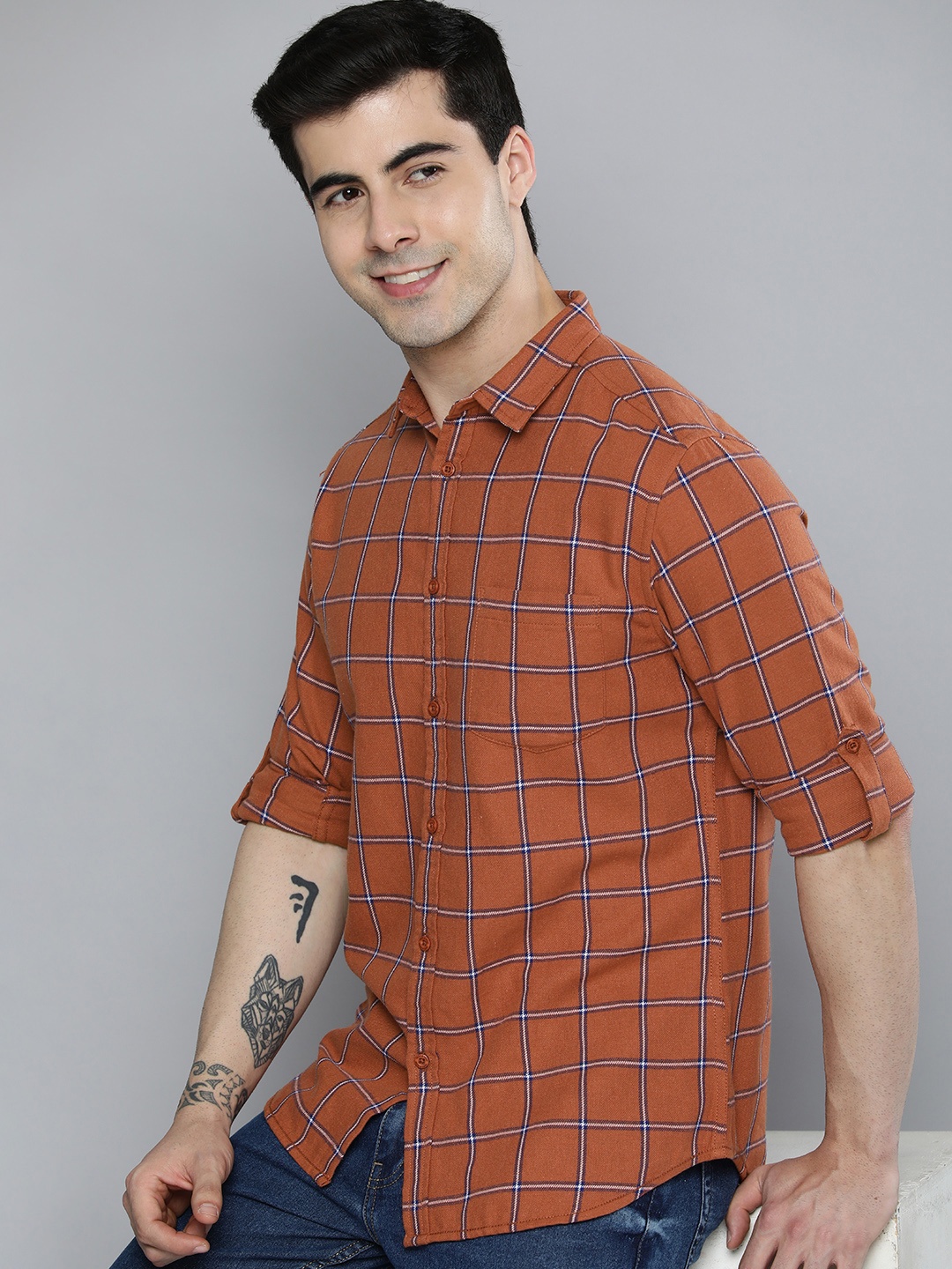 

HERE&NOW Men Slim Fit Checked Casual Shirt, Rust