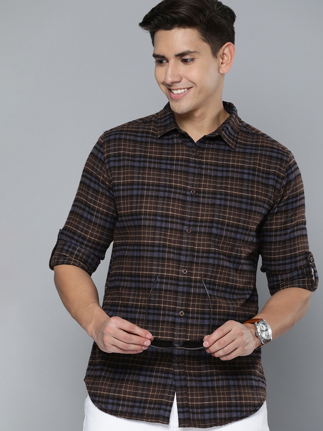 

HERE&NOW Men Slim Fit Checked Pure Cotton Casual Shirt, Brown