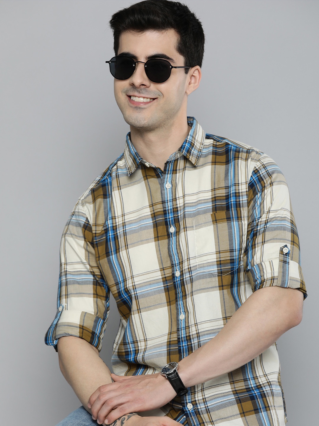 

HERE&NOW Men Pure Cotton Slim Fit Tartan Checks Casual Shirt, Beige