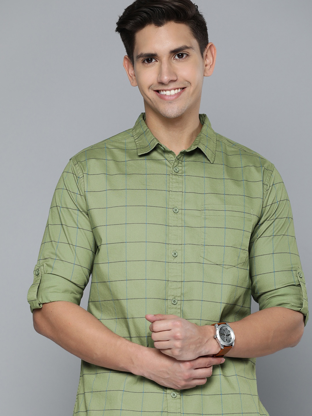 

HERE&NOW Men Slim Fit Checked Casual Shirt, Green