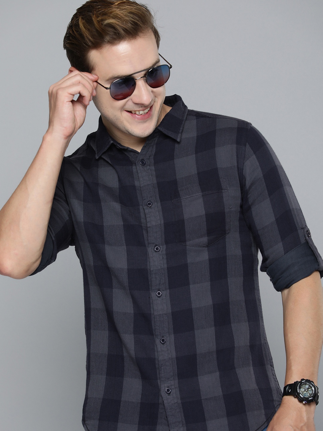 

HERE&NOW Slim Fit Checked Casual Shirt, Navy blue
