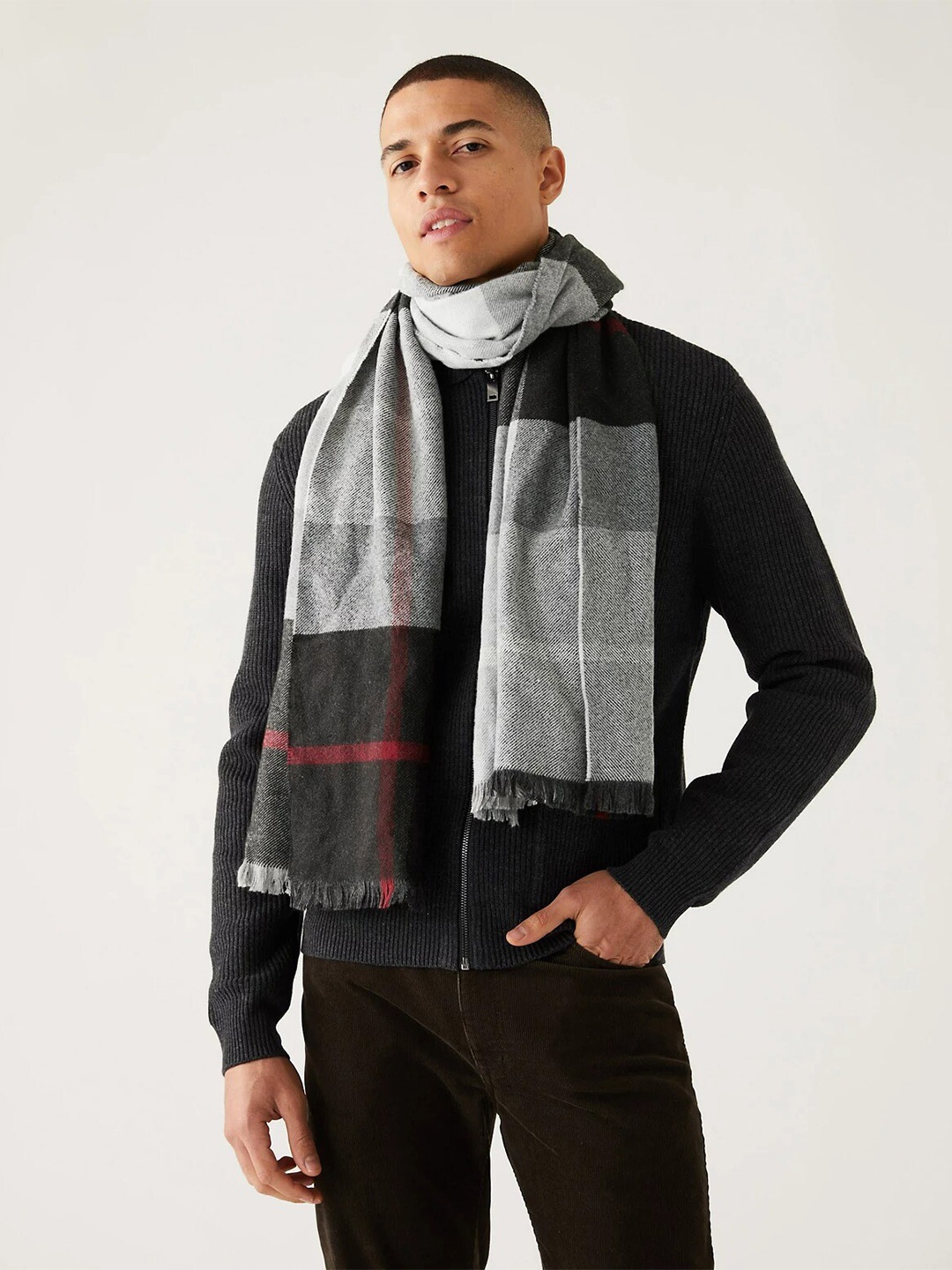 

Marks & Spencer Men Acrylic Checked Scarf, Grey
