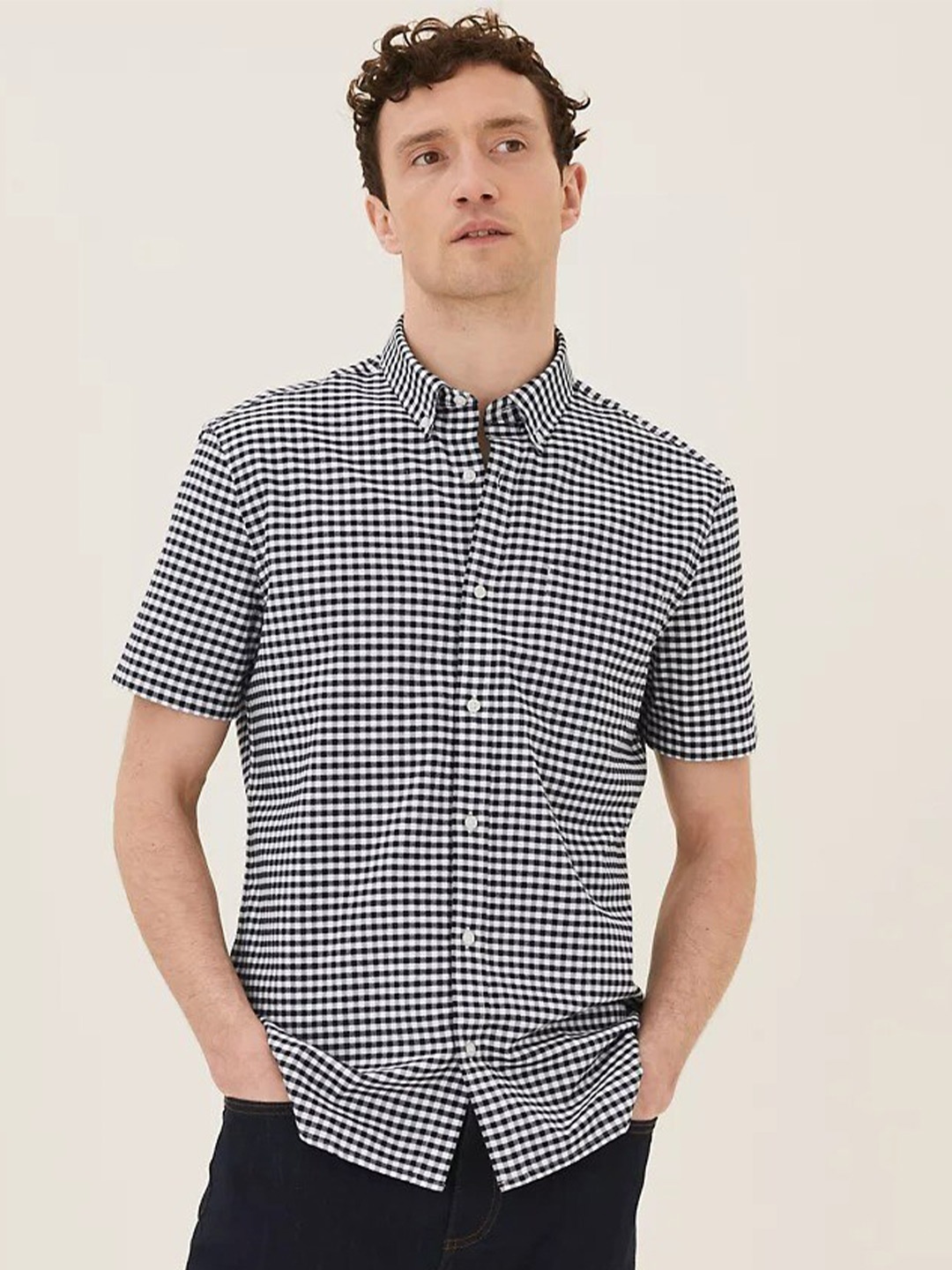 

Marks & Spencer Men Micro Checks Checked Cotton Casual Shirt, Black