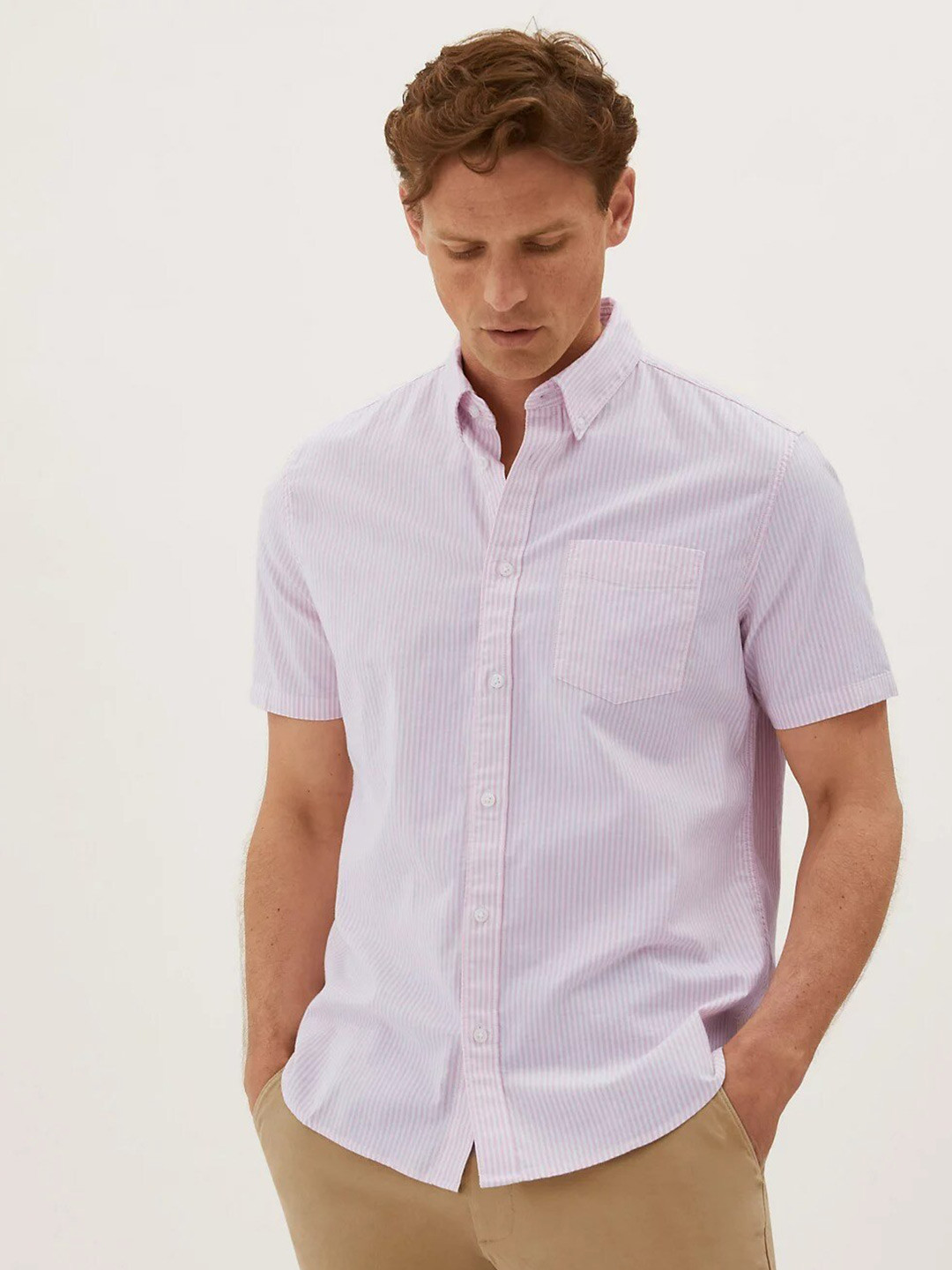 

Marks & Spencer Men Striped Cotton Casual Shirt, Pink