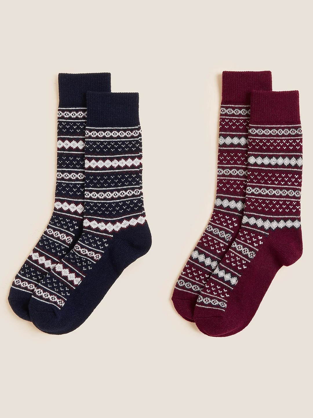 

Marks & Spencer Men Pack of 2 Patterned Ankle Length Socks, Navy blue