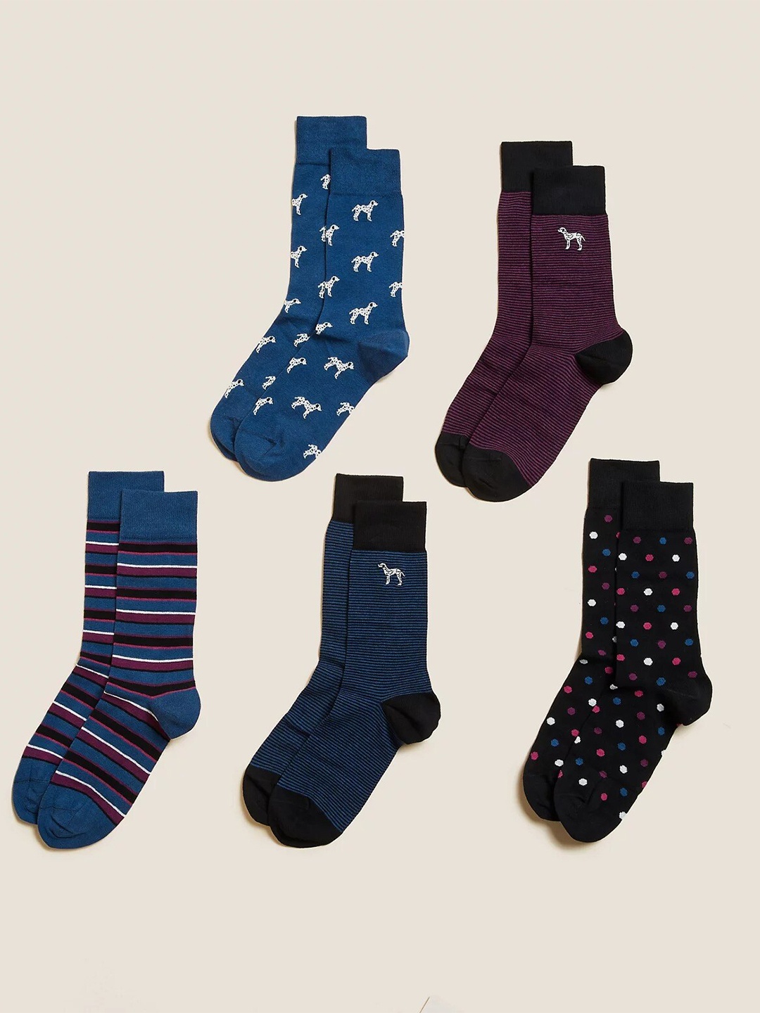 

Marks & Spencer Men Pack Of 5 Patterned Calf Length Socks, Blue