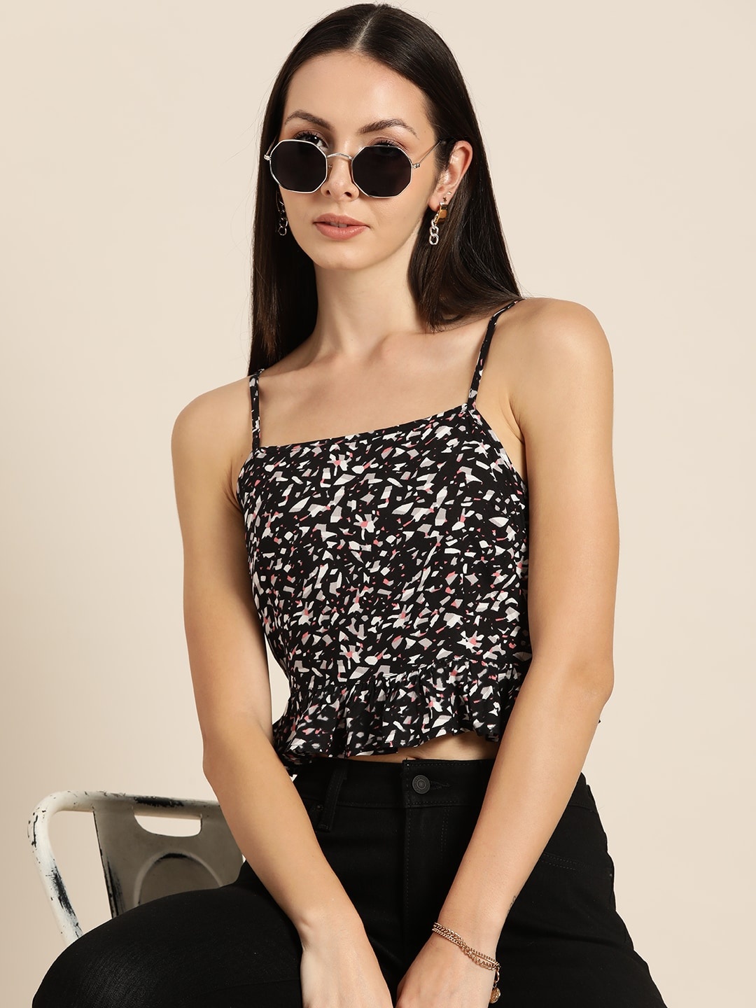 

Moda Rapido Printed Peplum Crop Top, Black
