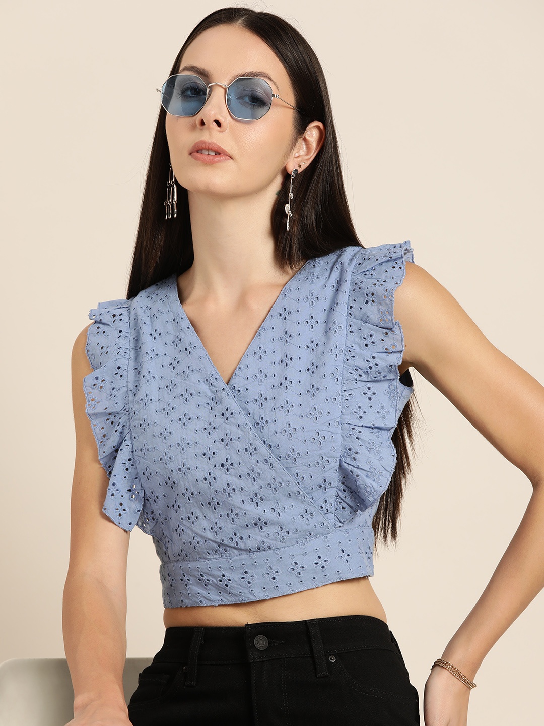 

Moda Rapido Ruffled Schiffli Embroidered Wrap Cotton Top, Blue