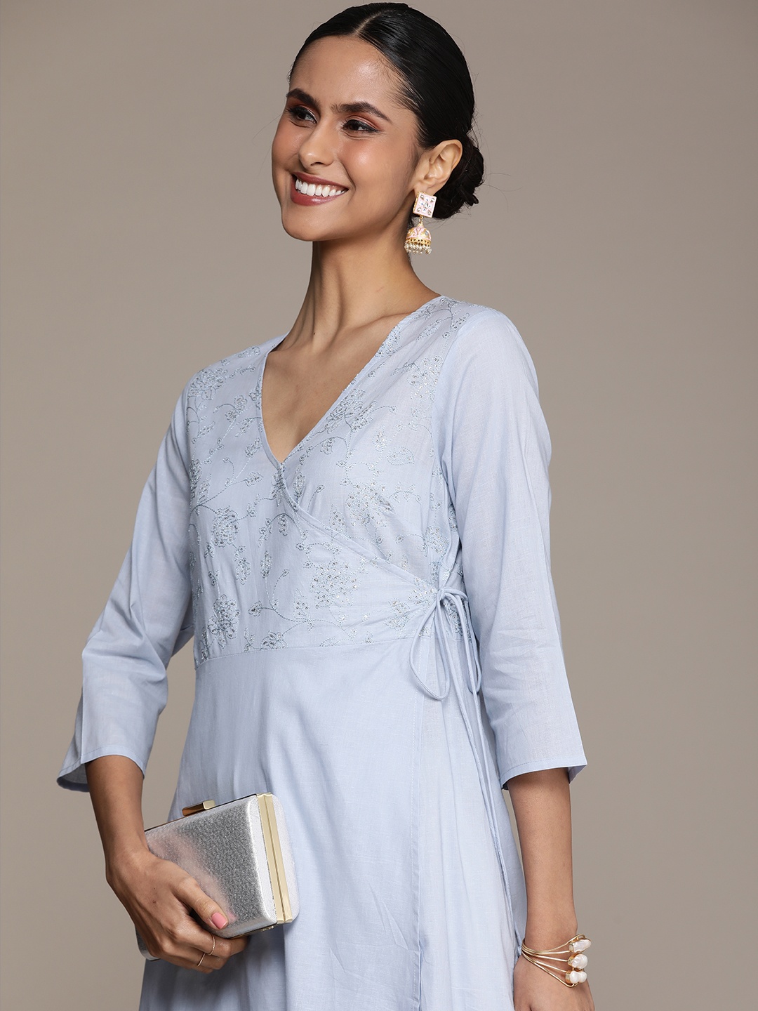 

House of Pataudi Ethnic Motifs Embroidered Sequinned Angrakha Jashn Kurta, Blue