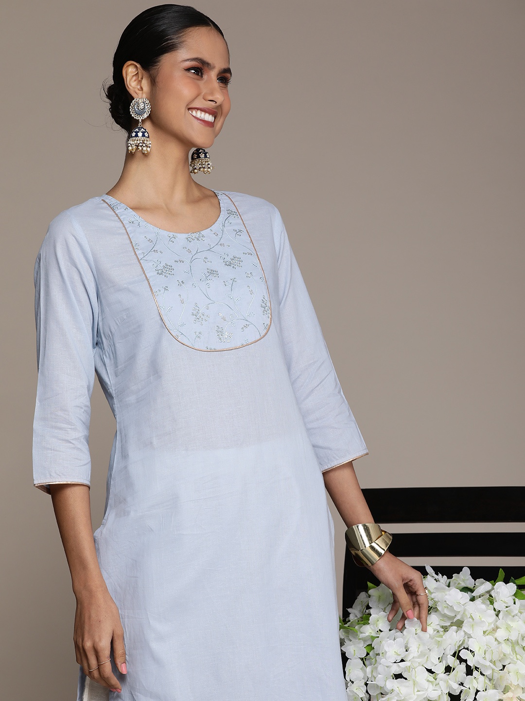 

House of Pataudi Ethnic Motifs Embroidered Sequinned Straight Jashn Kurta, Blue
