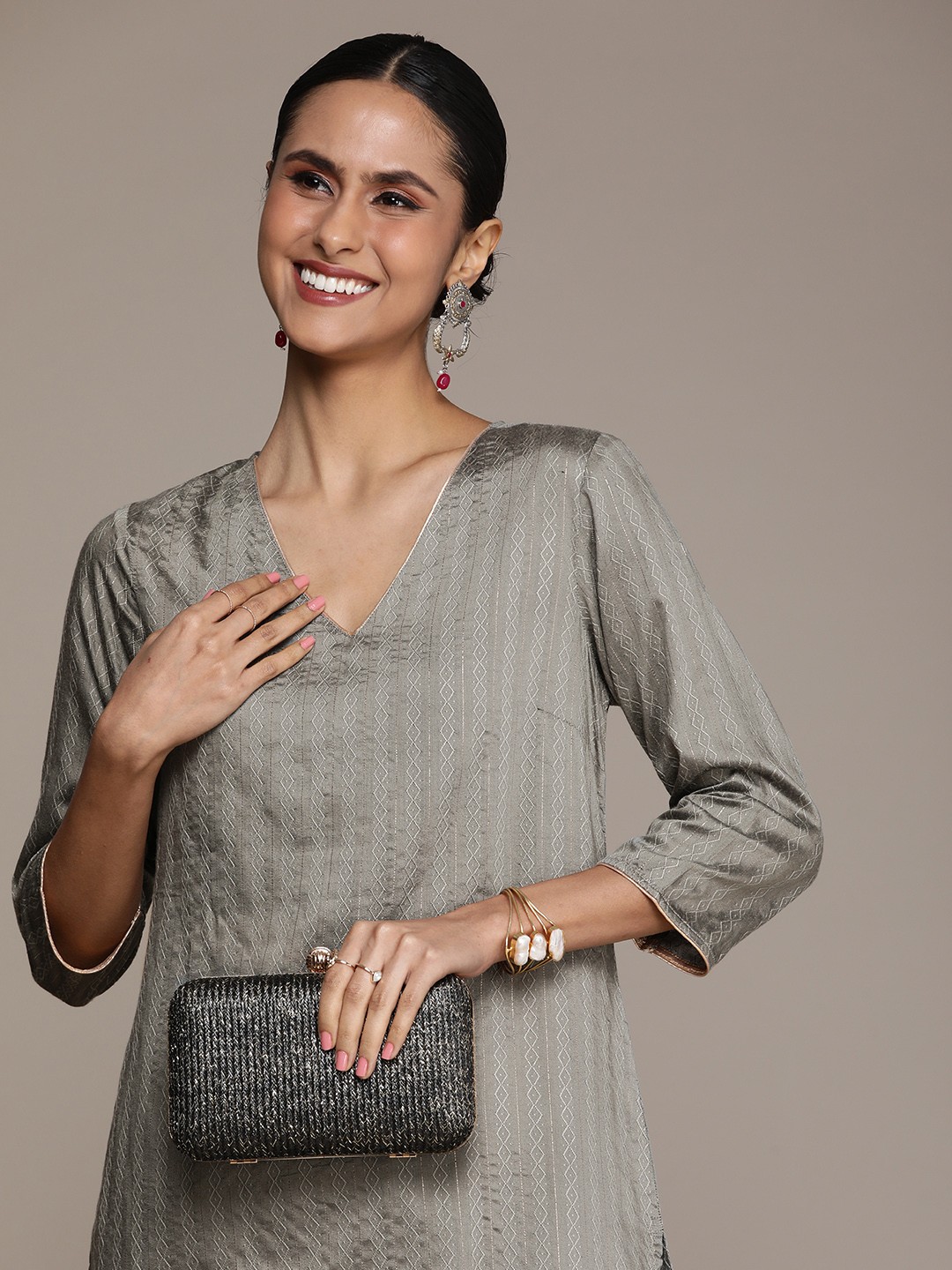 

House of Pataudi V-Neck Woven Design Straight Rozana Kurta, Grey