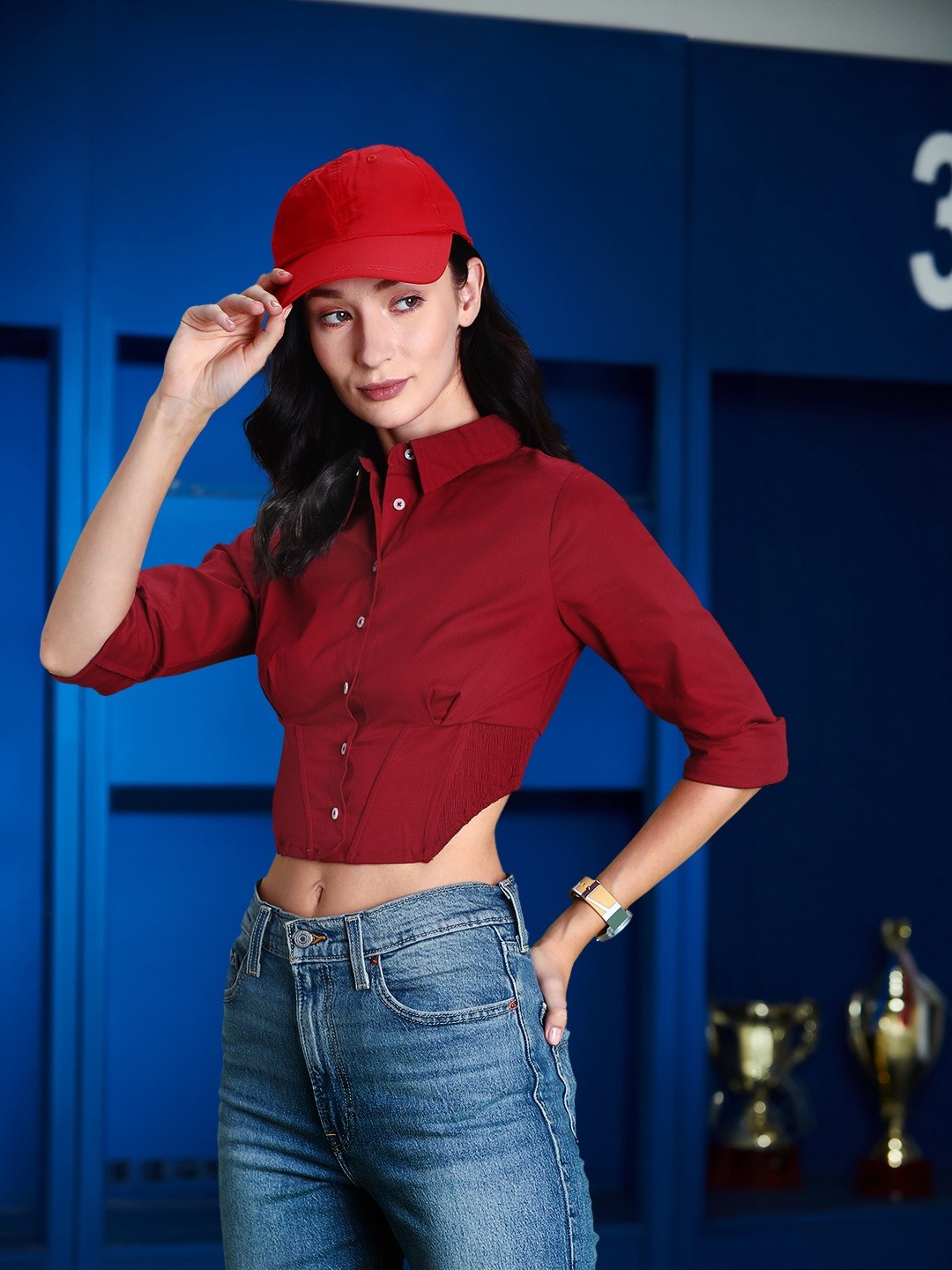 

Harvard Blood Red Smocked Detail Casually Corset Shirt