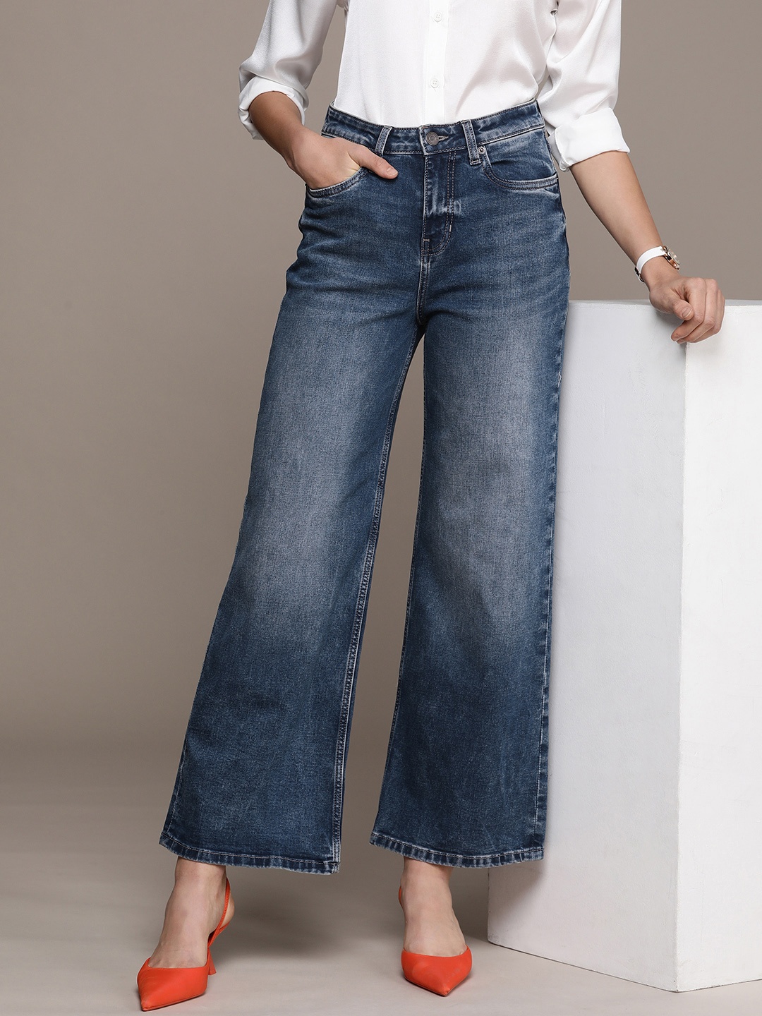 

French Connection Women Mid Rise Wide Leg Heavy Fade Stretchable Jeans, Blue