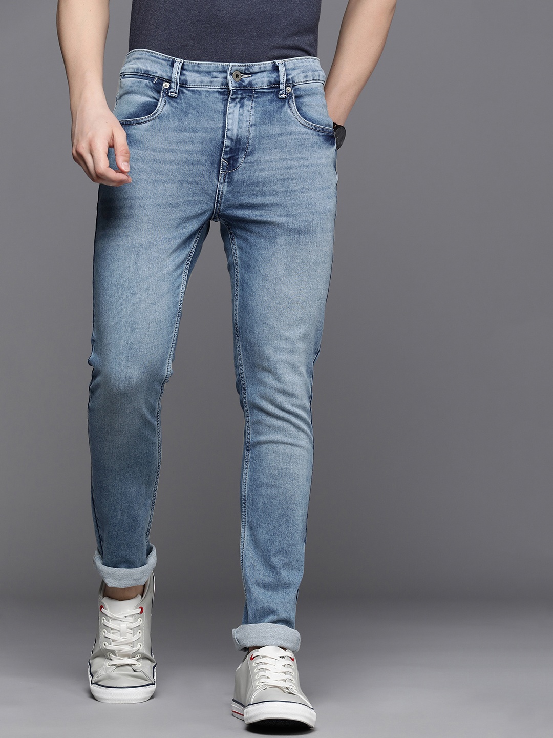 

Kenneth Cole Men Slim Fit Heavy Fade Acid Wash Stretchable Mid-Rise Jeans, Blue