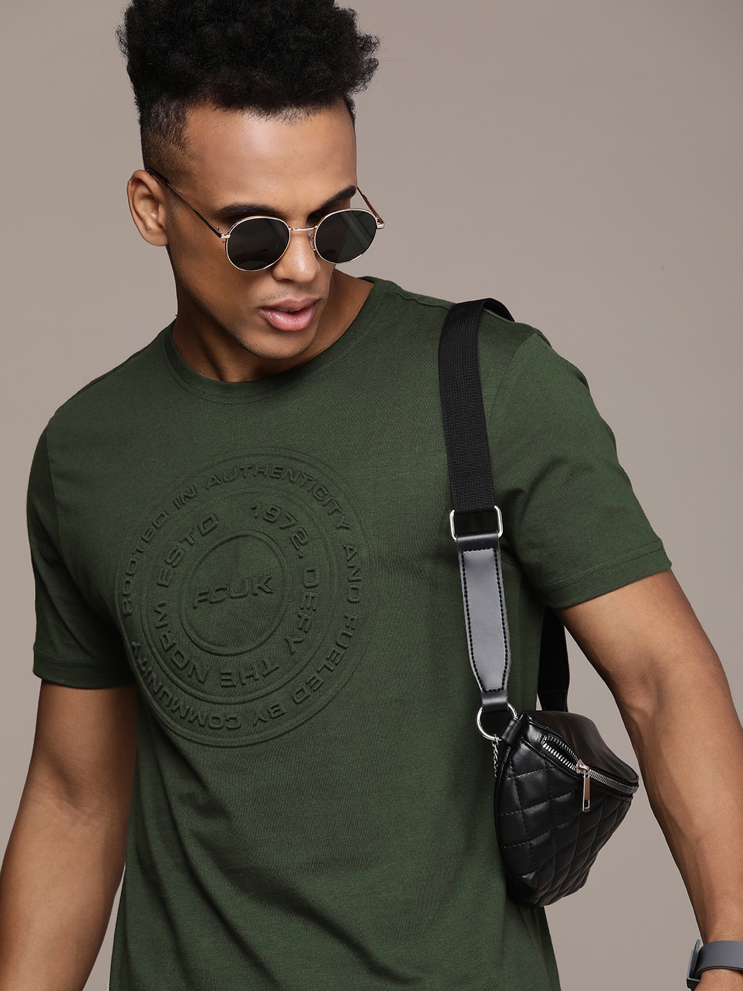 

FCUK Round Neck Typography Embossed Detail Pure Cotton T-shirt, Green