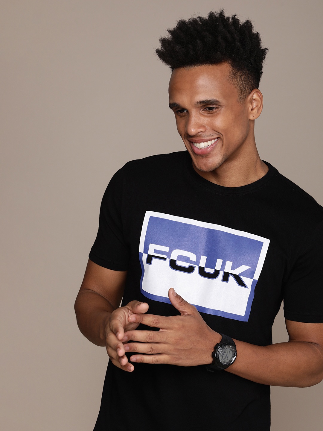 

FCUK Brand Logo Print Round Neck Knitted Pure Cotton T-shirt, Black
