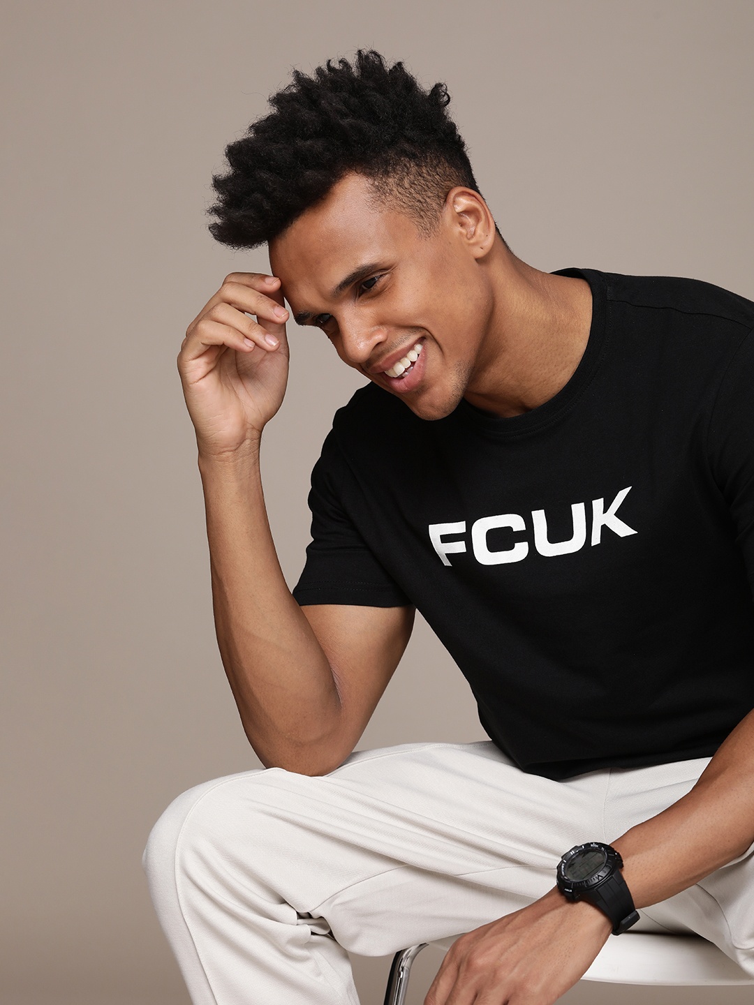 

FCUK Brand Logo Print Round Neck Knitted Pure Cotton T-shirt, Black