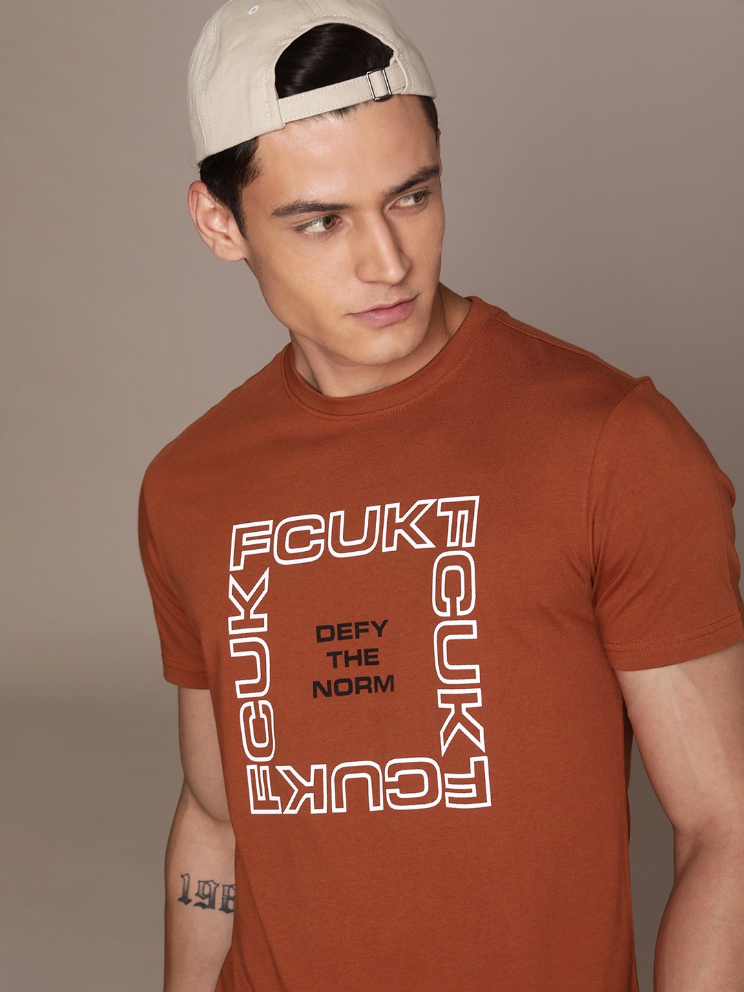 

FCUK Men Pure Cotton Brand Logo Printed T-shirt, Rust