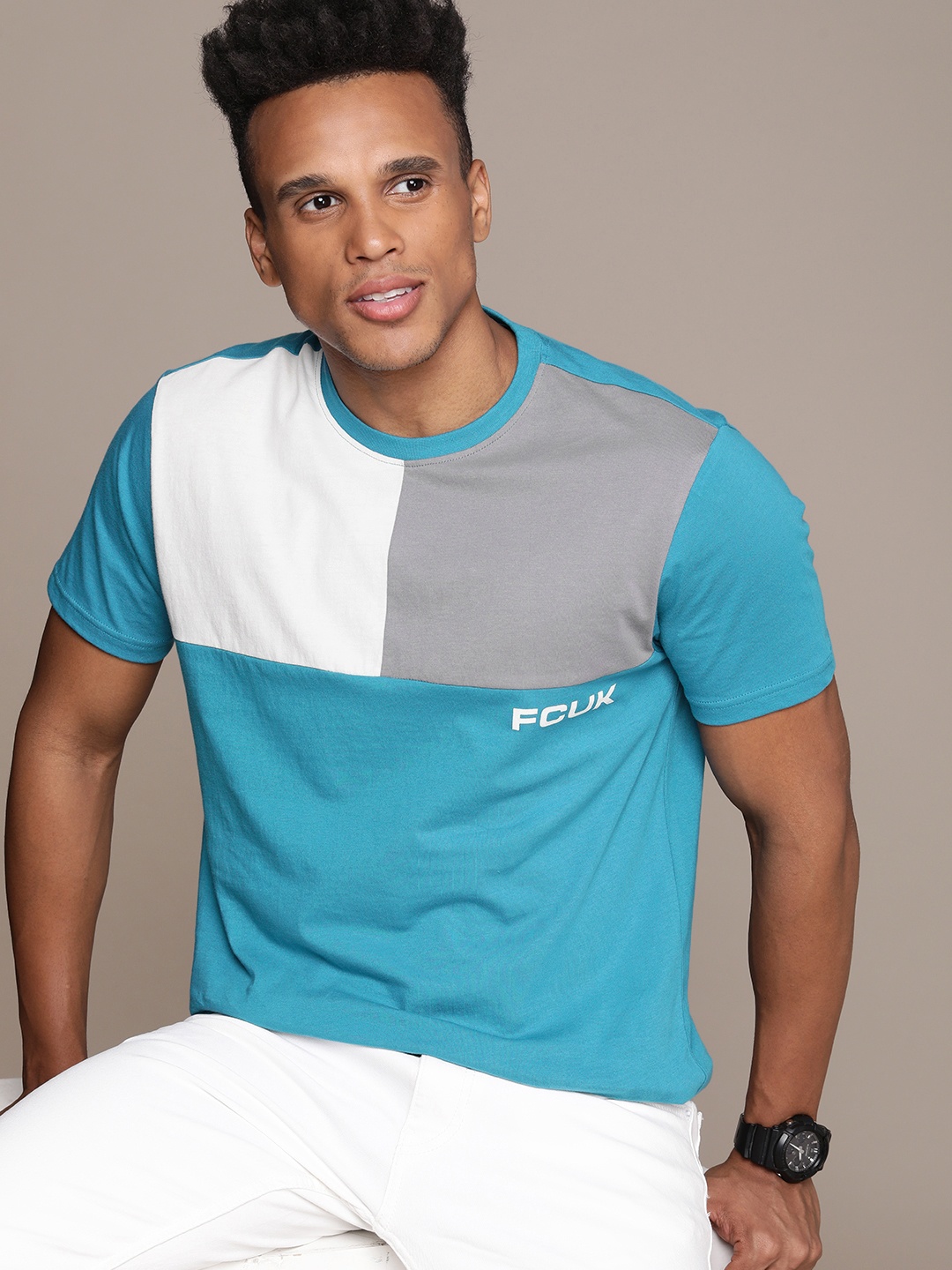 

FCUK Colourblocked Pure Cotton T-shirt, Blue