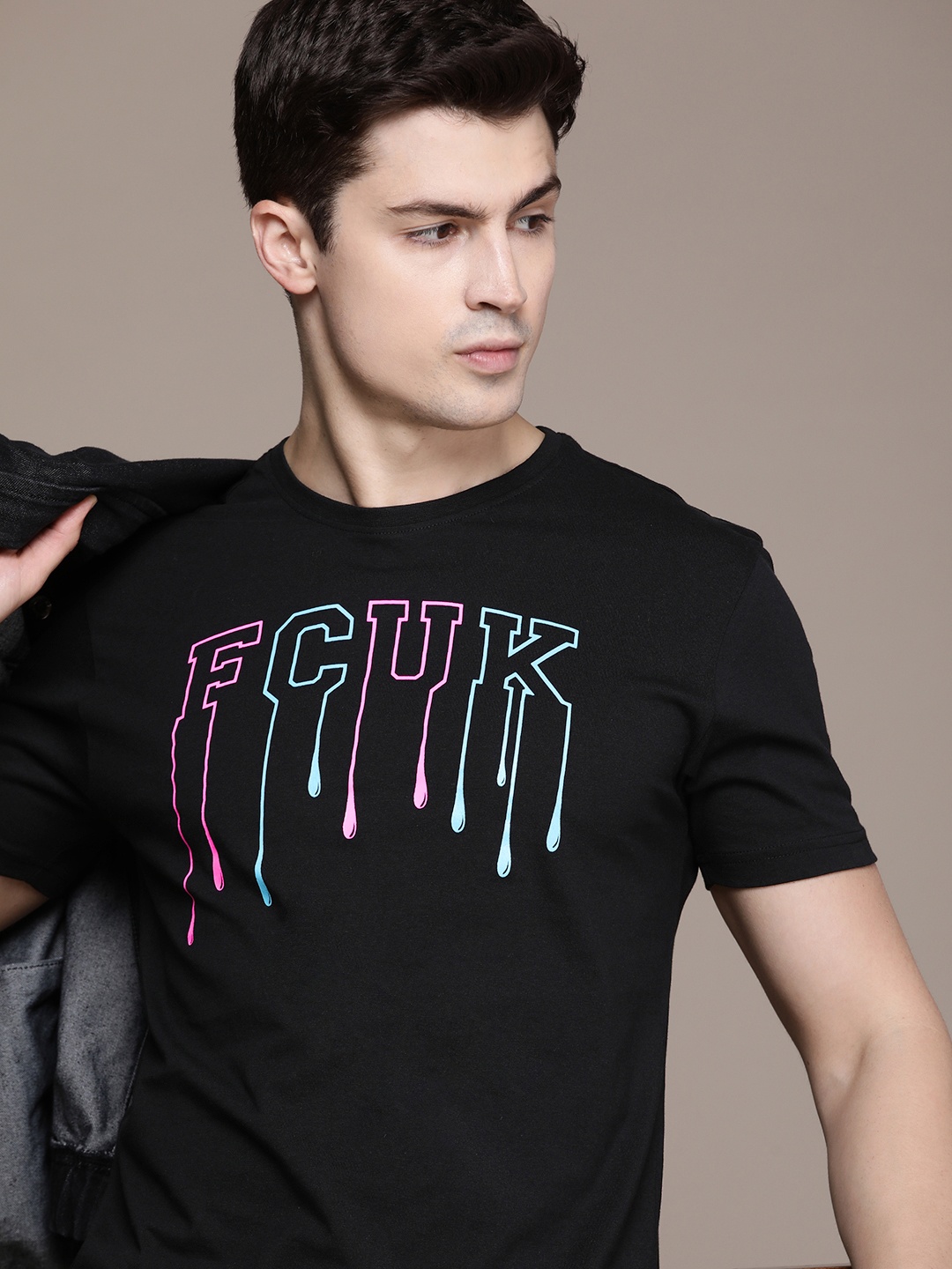 

FCUK Brand Logo Printed Pure Cotton T-shirt, Black