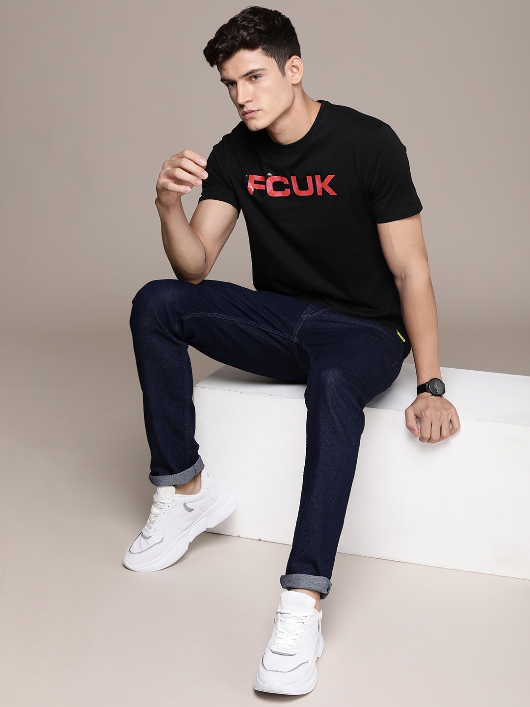 

FCUK Graphic Typography Printed Pure Cotton T-shirt, Black
