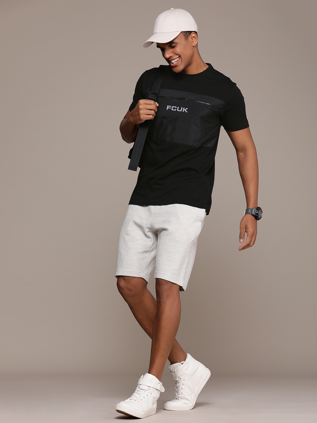 

FCUK Men Brand Logo Printed Pure Cotton T-shirt With Zip Detailing, Black