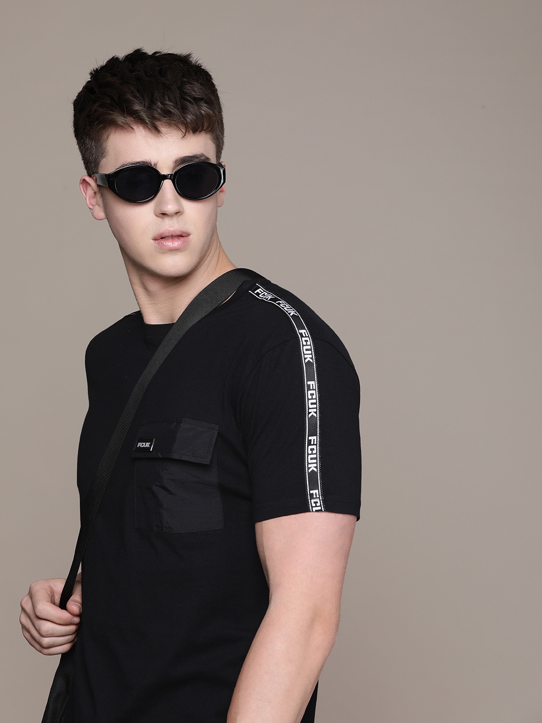 

FCUK Round Neck Pure Cotton T-shirt With Chest Pocket Detail, Black