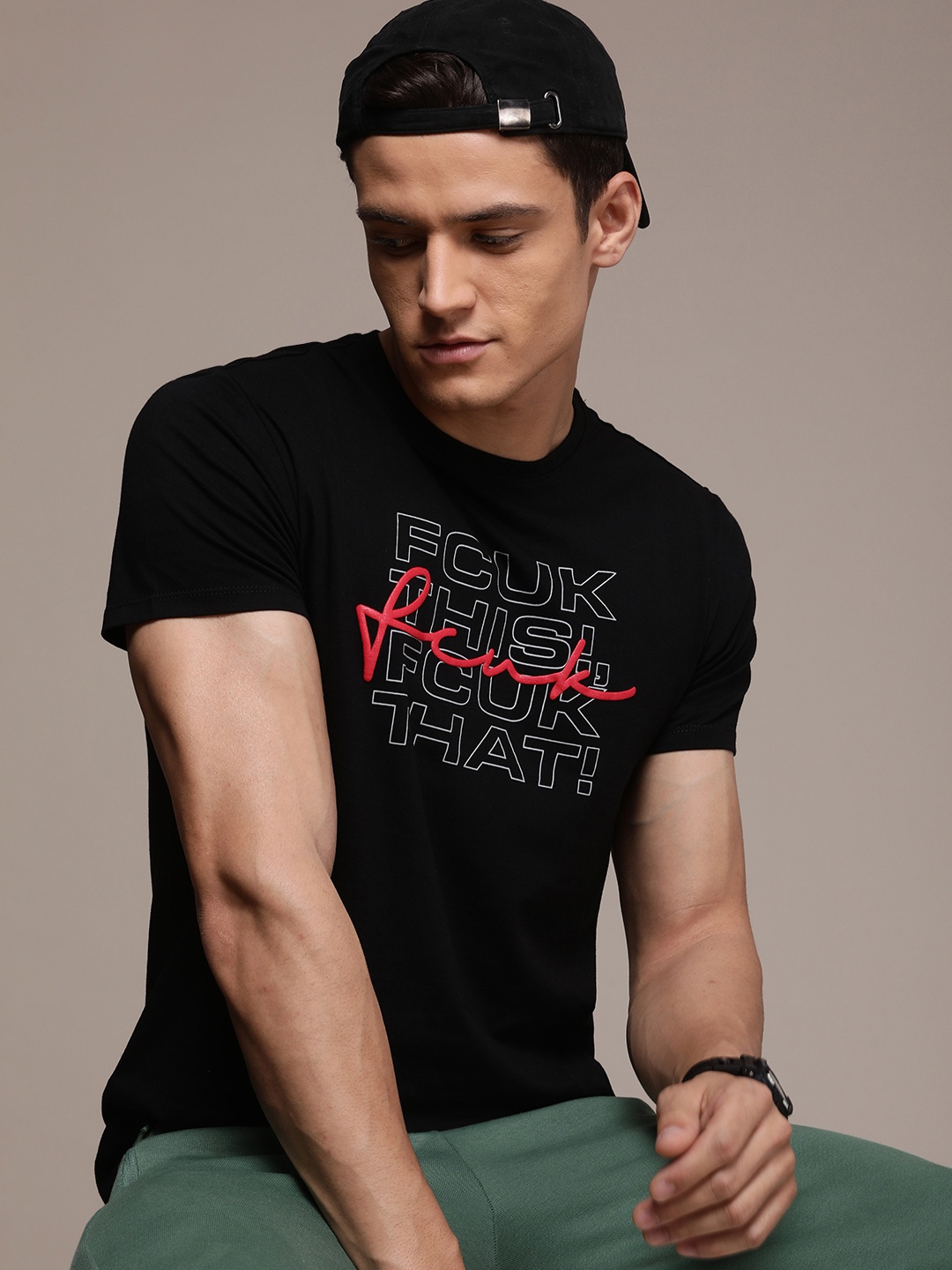 

FCUK Pure Cotton Brand Logo Printed T-shirt, Black