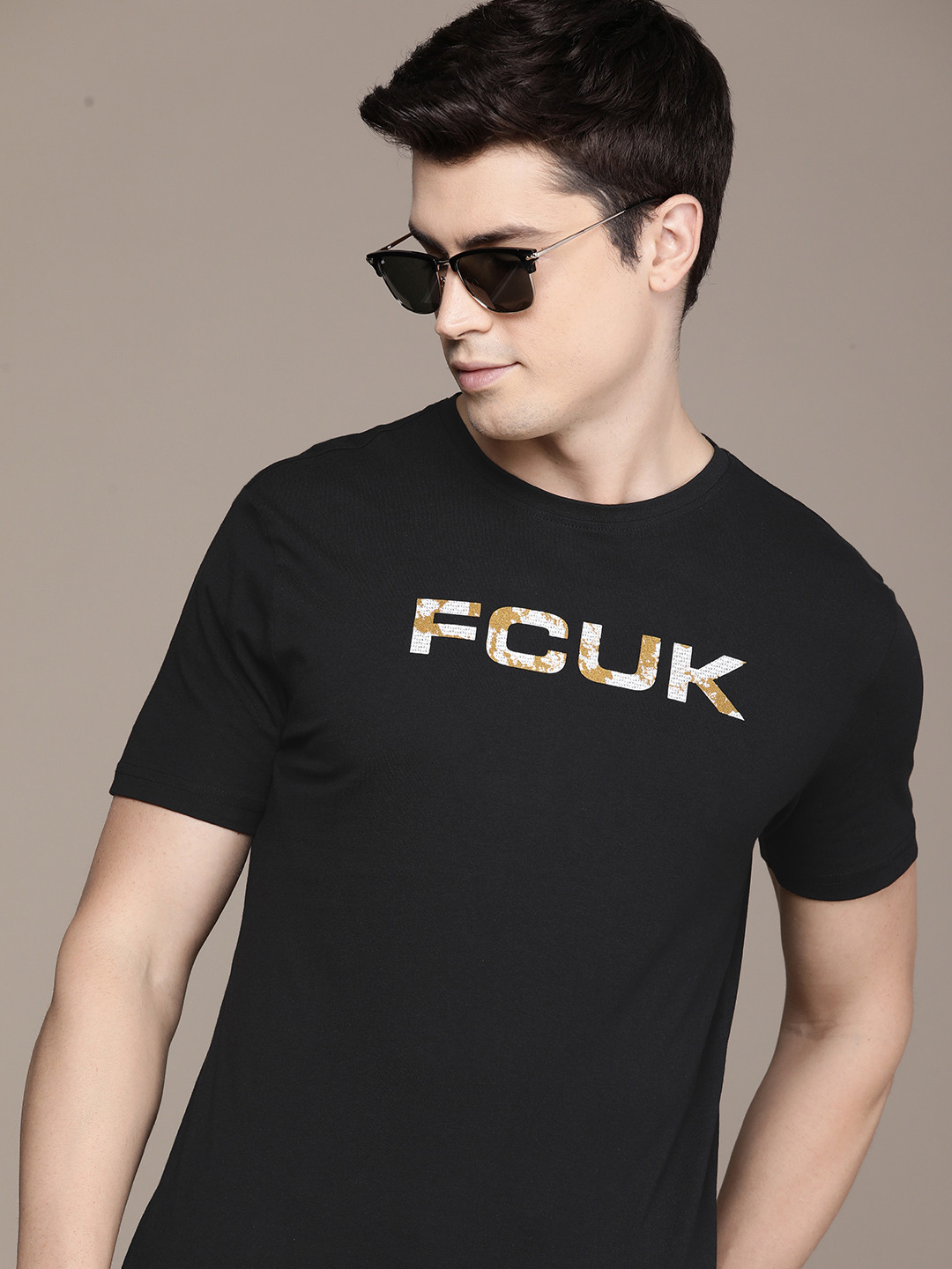 

FCUK Brand Logo Printed Pure Cotton Casual T-shirt, Black