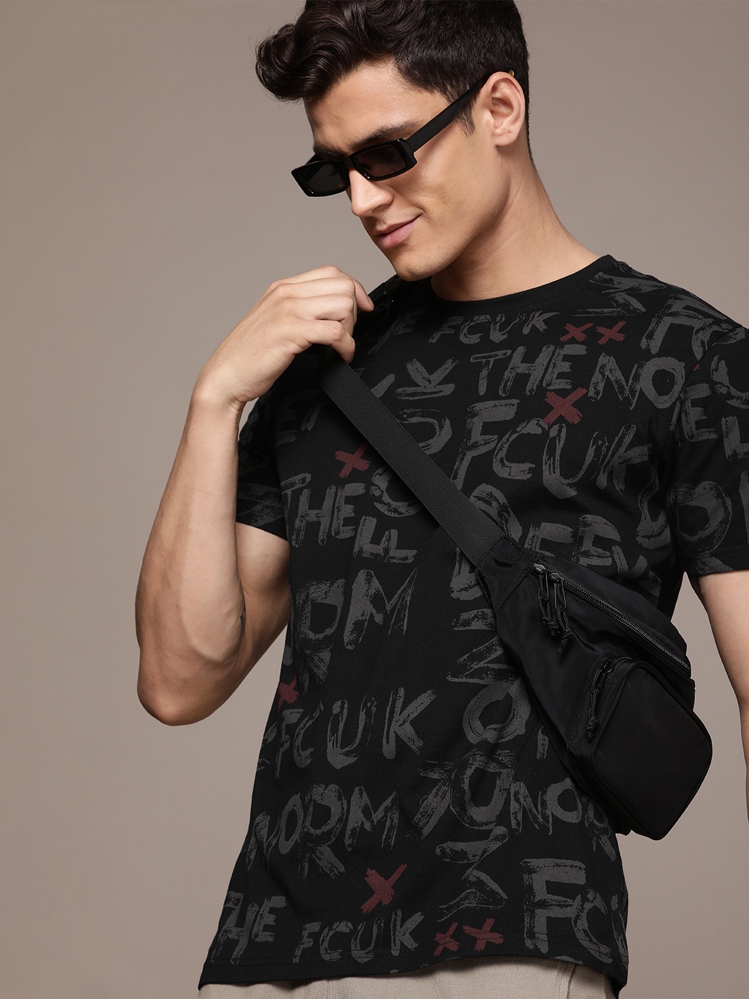 

FCUK Brand Logo Printed Pure Cotton T-shirt, Black