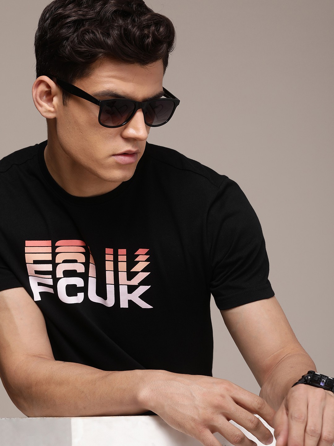 

FCUK Brand Logo Printed Pure Cotton T-shirt, Black
