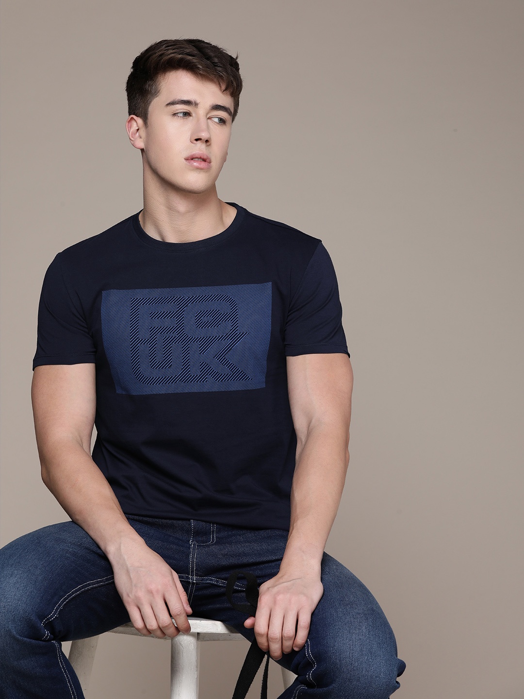 

FCUK Round Neck Typography & Striped Printed Pure Cotton T-shirt, Navy blue