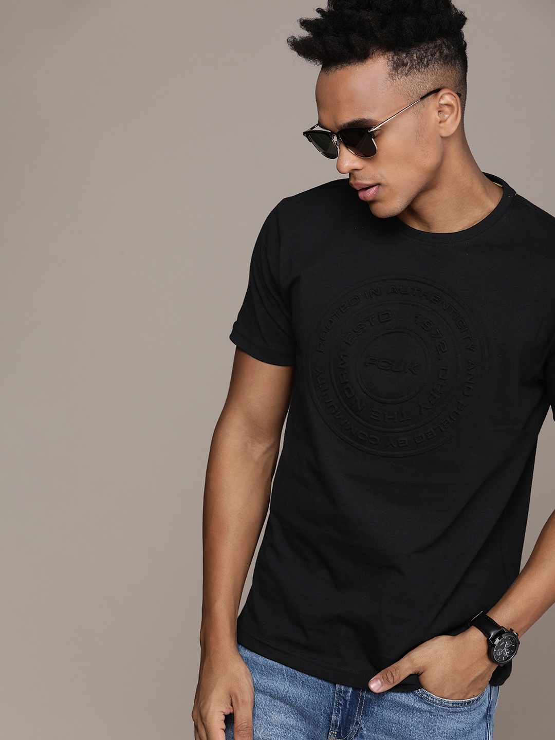 

FCUK Round Neck Typography Embossed Detail Pure Cotton T-shirt, Black
