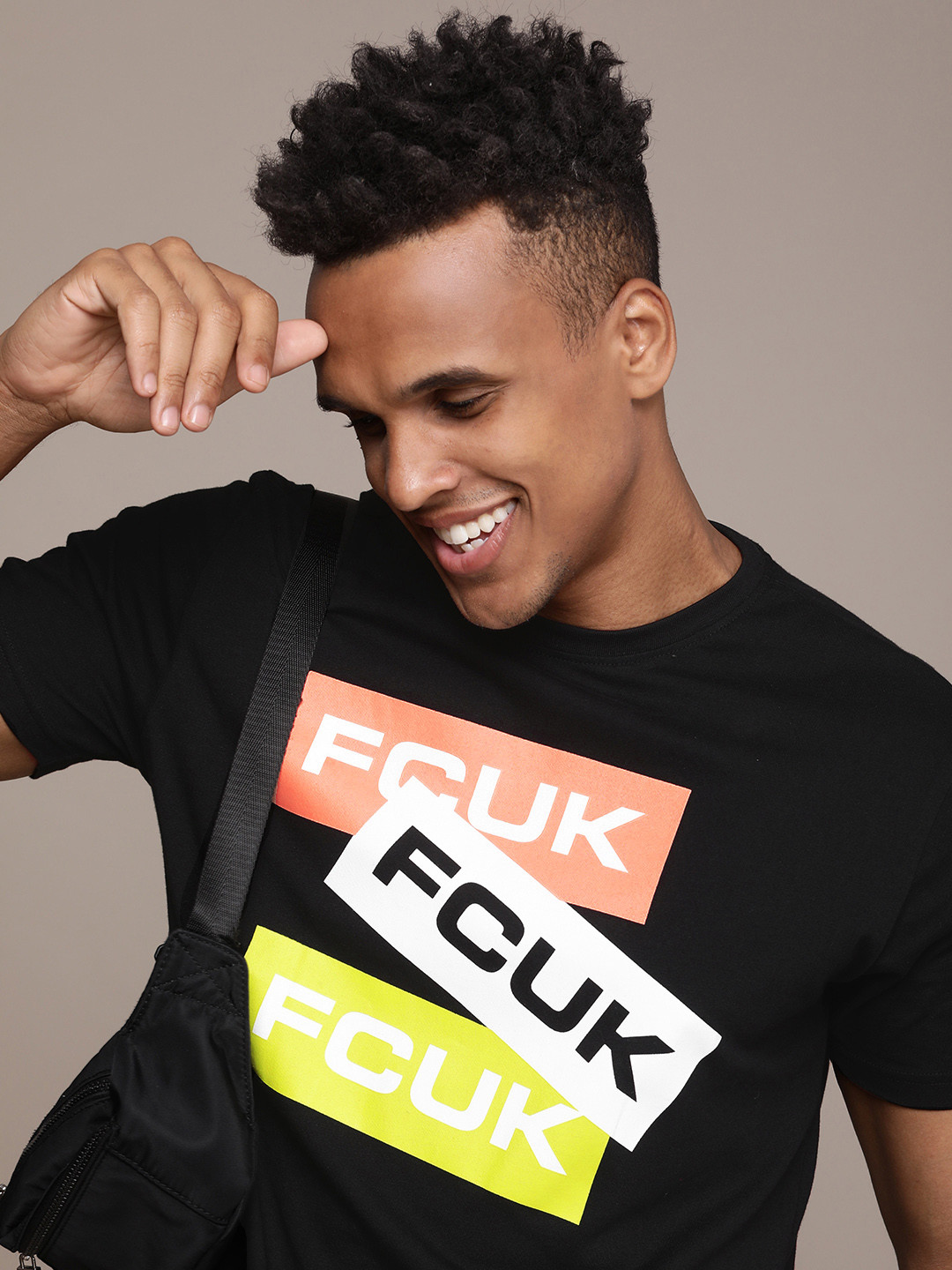 

FCUK Brand Logo Printed Pure Cotton T-shirt, Black