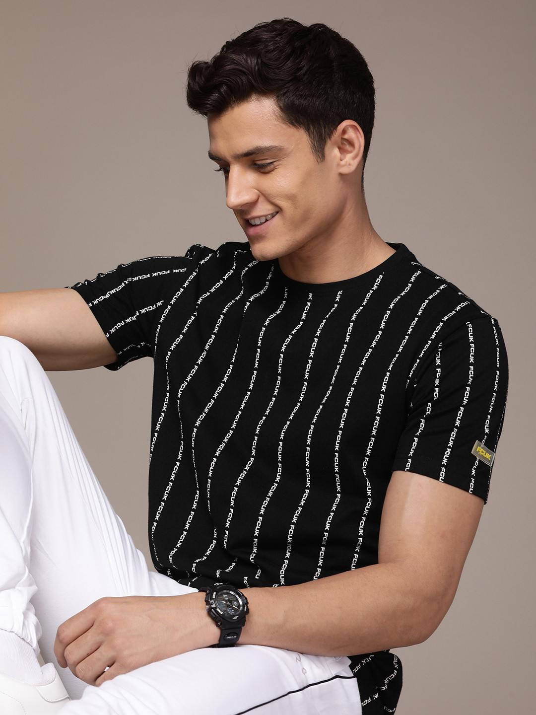 

FCUK Brand Logo Printed Pure Cotton T-shirt, Black