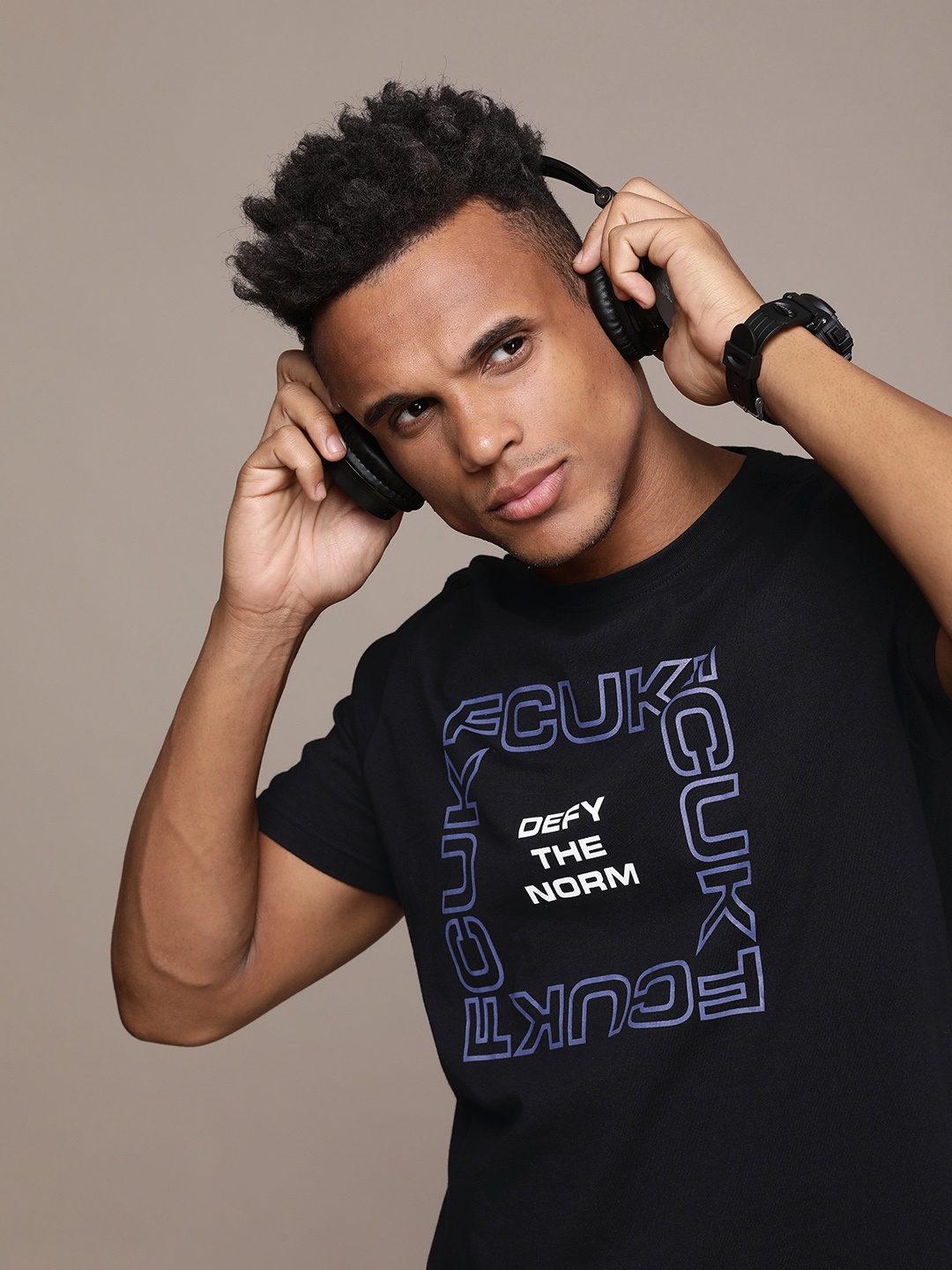 

FCUK Brand Logo Printed Pure Cotton T-shirt, Black