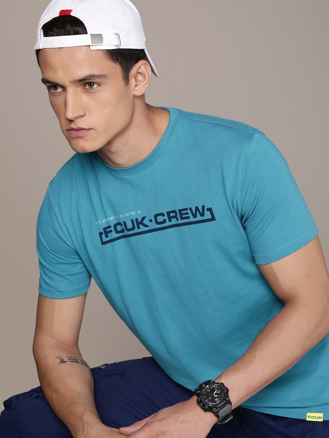 

FCUK Brand Logo Printed Pure Cotton T-shirt, Blue