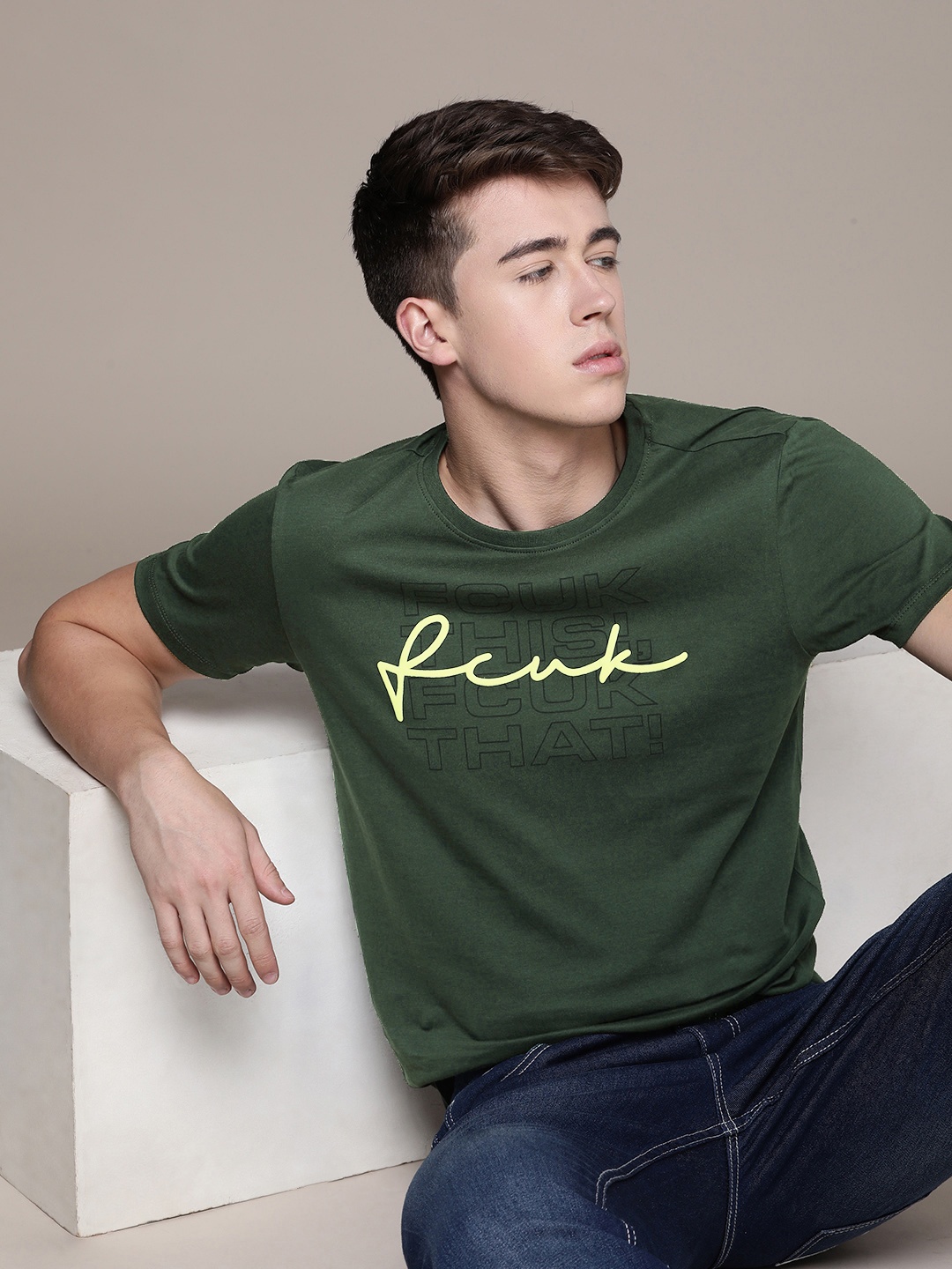 

FCUK Rou nd Neck Typography Printed Pure Cotton T-shirt, Green