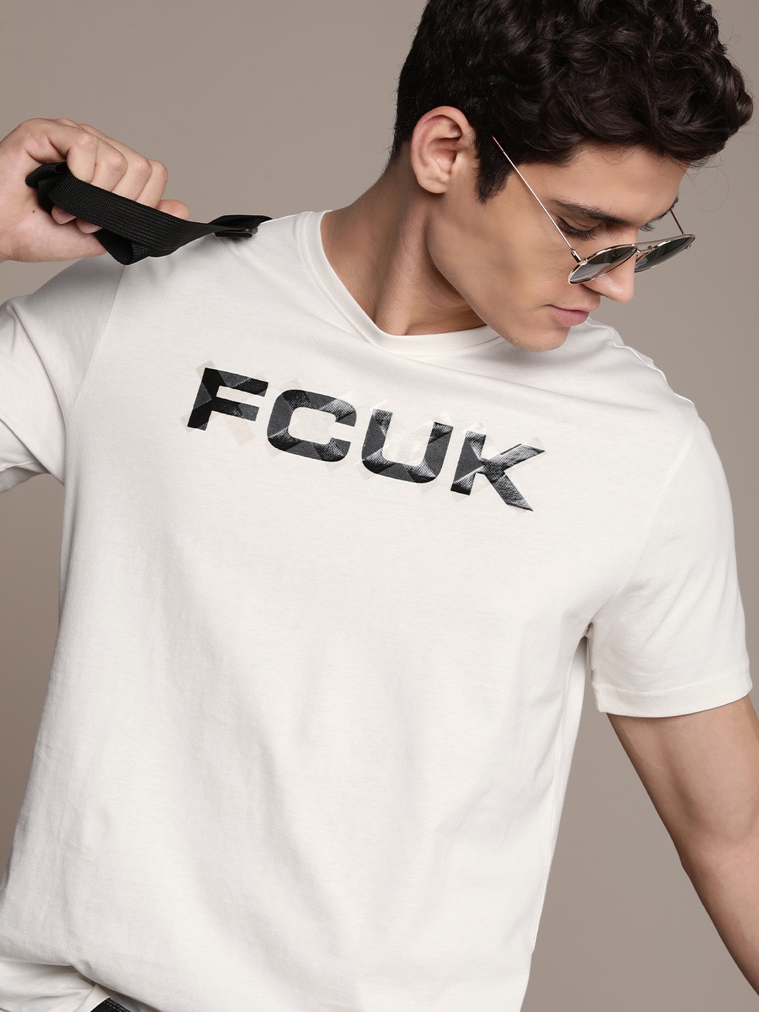 

FCUK Men Pure Cotton Brand Logo Printed Round Neck T-shirt, Off white