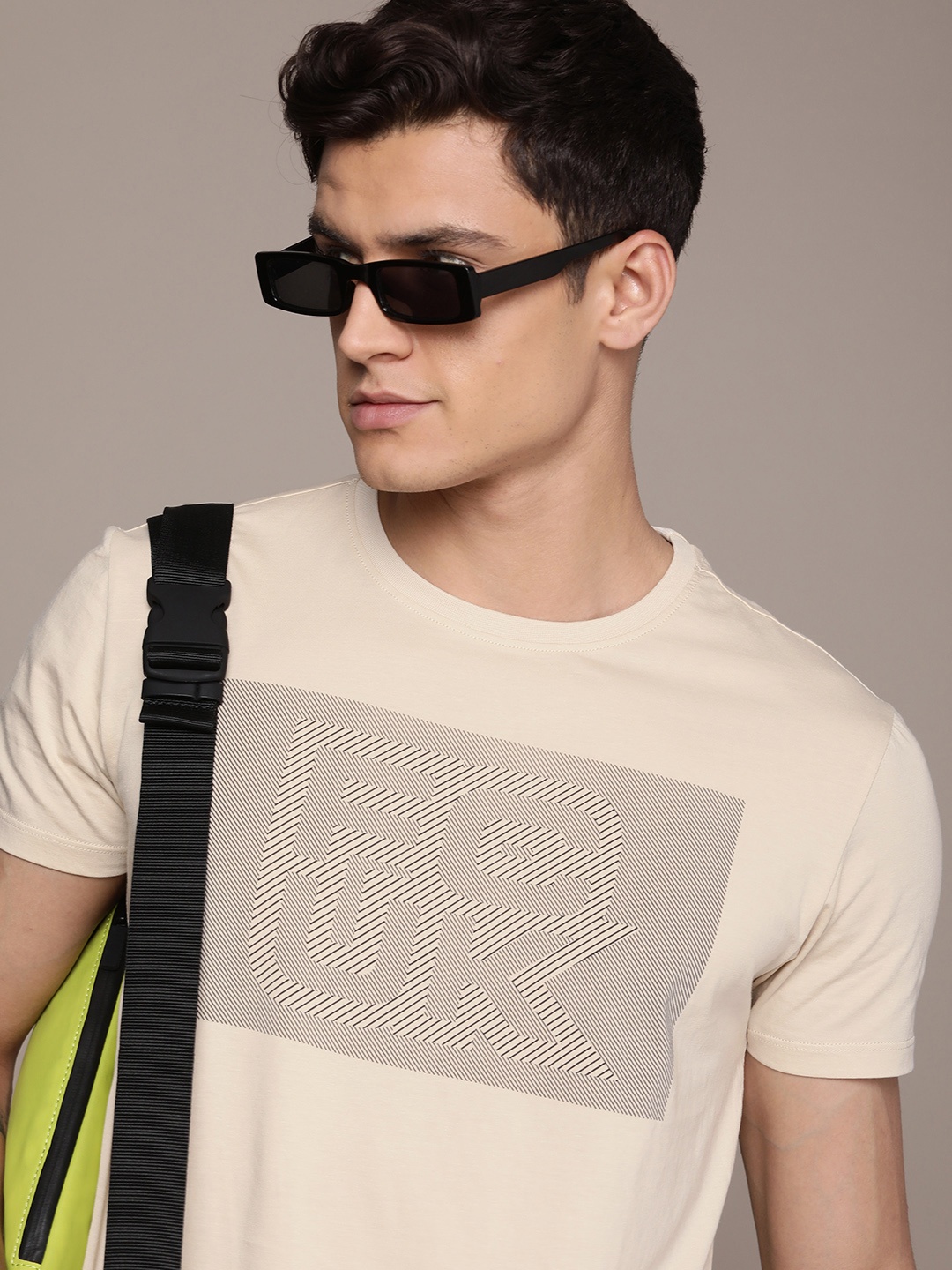 

FCUK Men Pure Cotton Geometric Printed Round Neck T-shirt, Beige