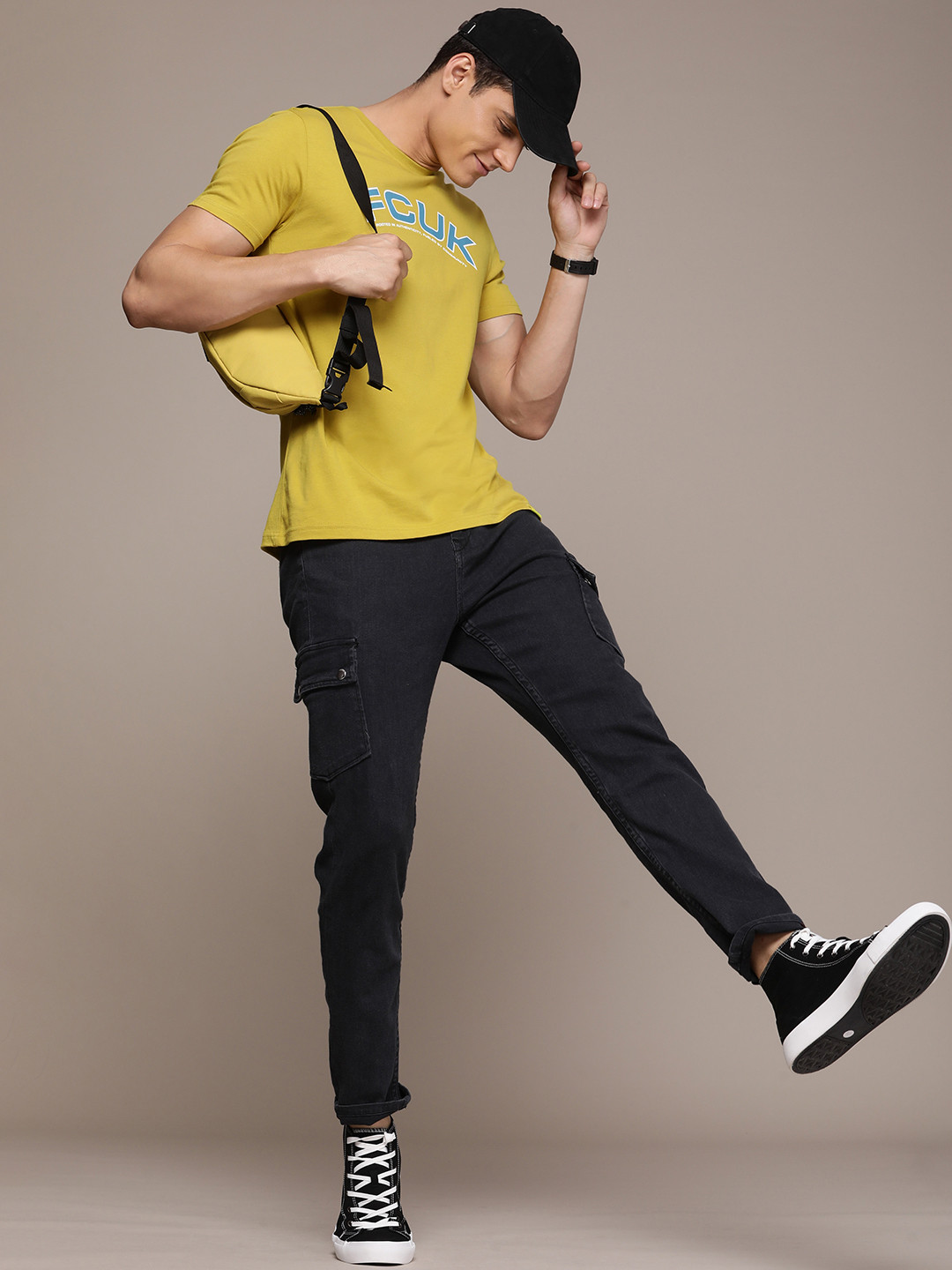 

FCUK Men Pure Cotton Brand Logo Printed T-shirt, Mustard
