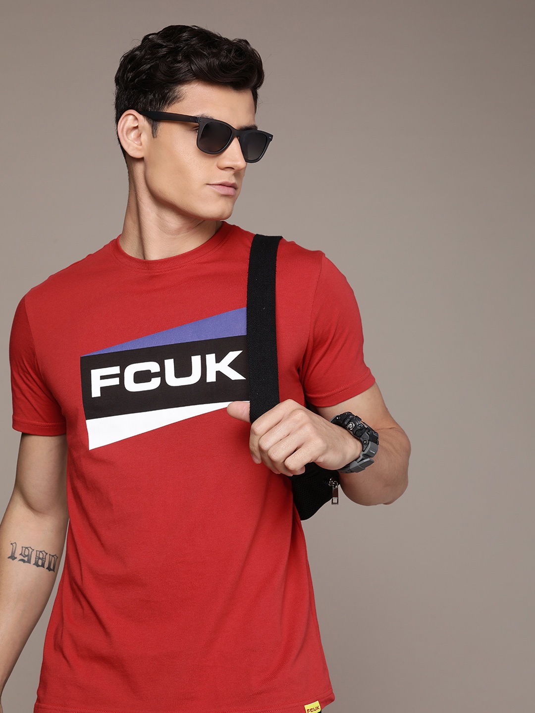 

FCUK Brand Logo Printed Pure Cotton T-shirt, Red