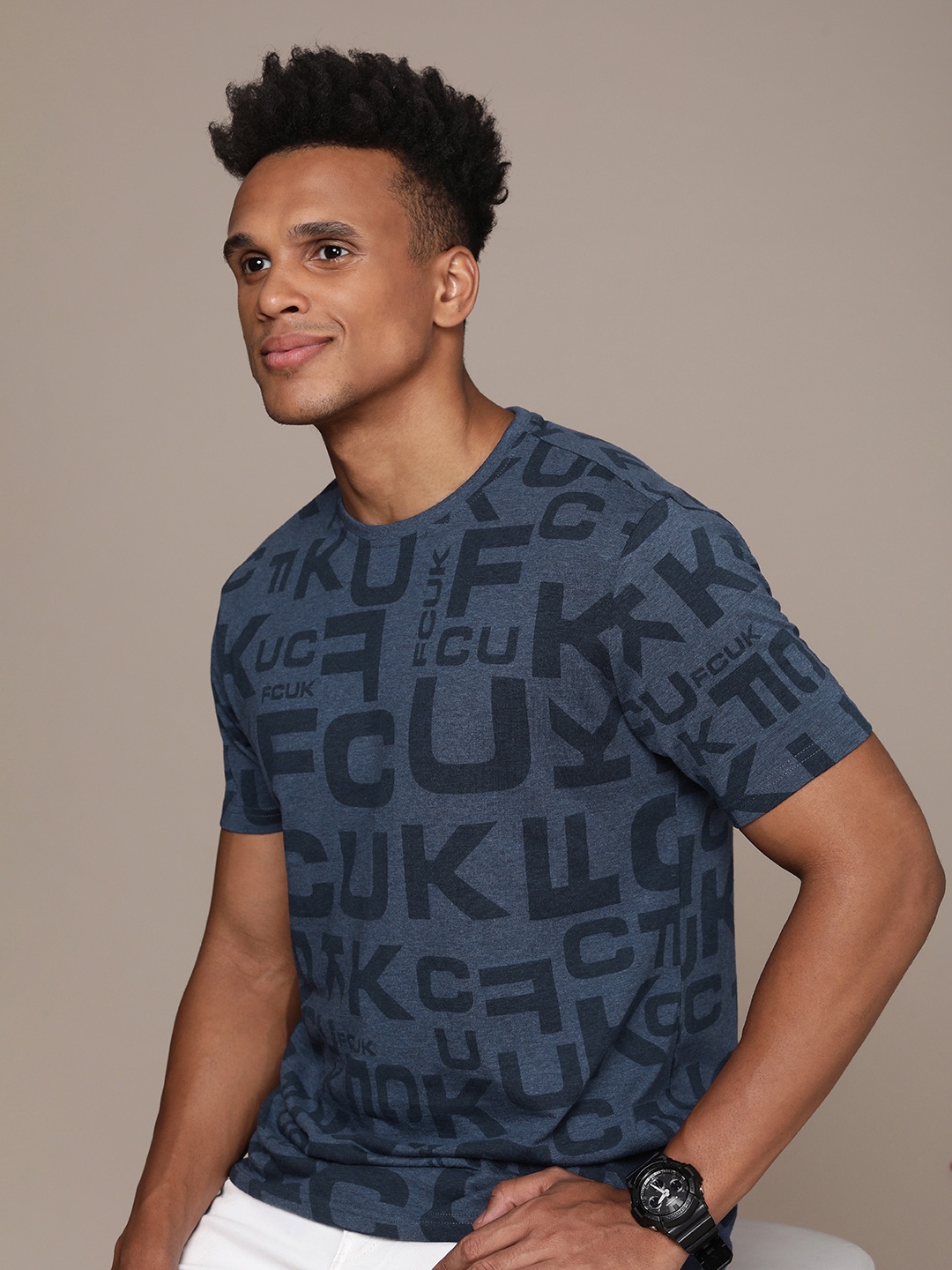 

FCUK Men Brand Logo Printed Pure Cotton T-shirt, Navy blue