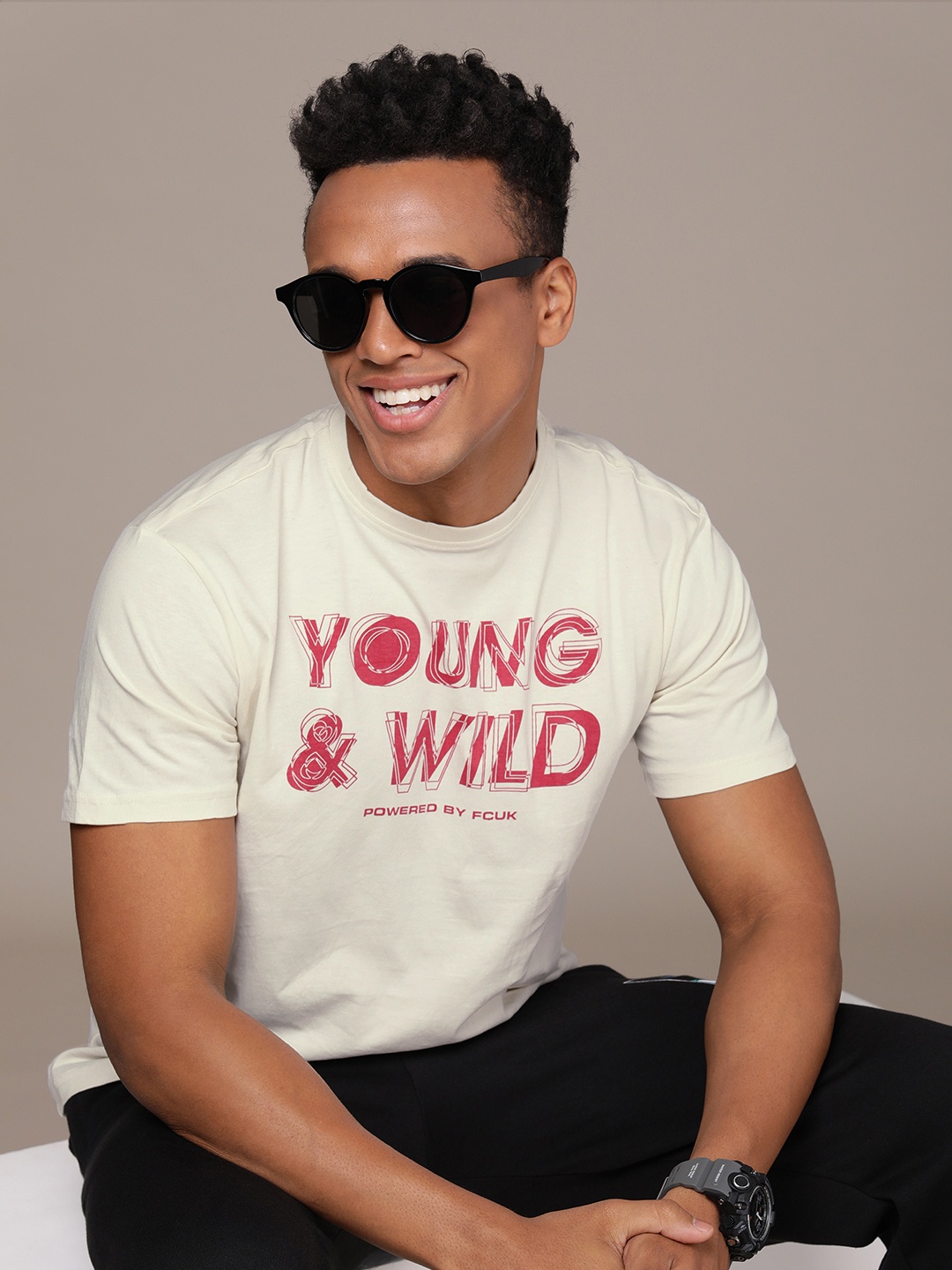 

FCUK Men Typography Printed Pure Cotton T-shirt, Off white
