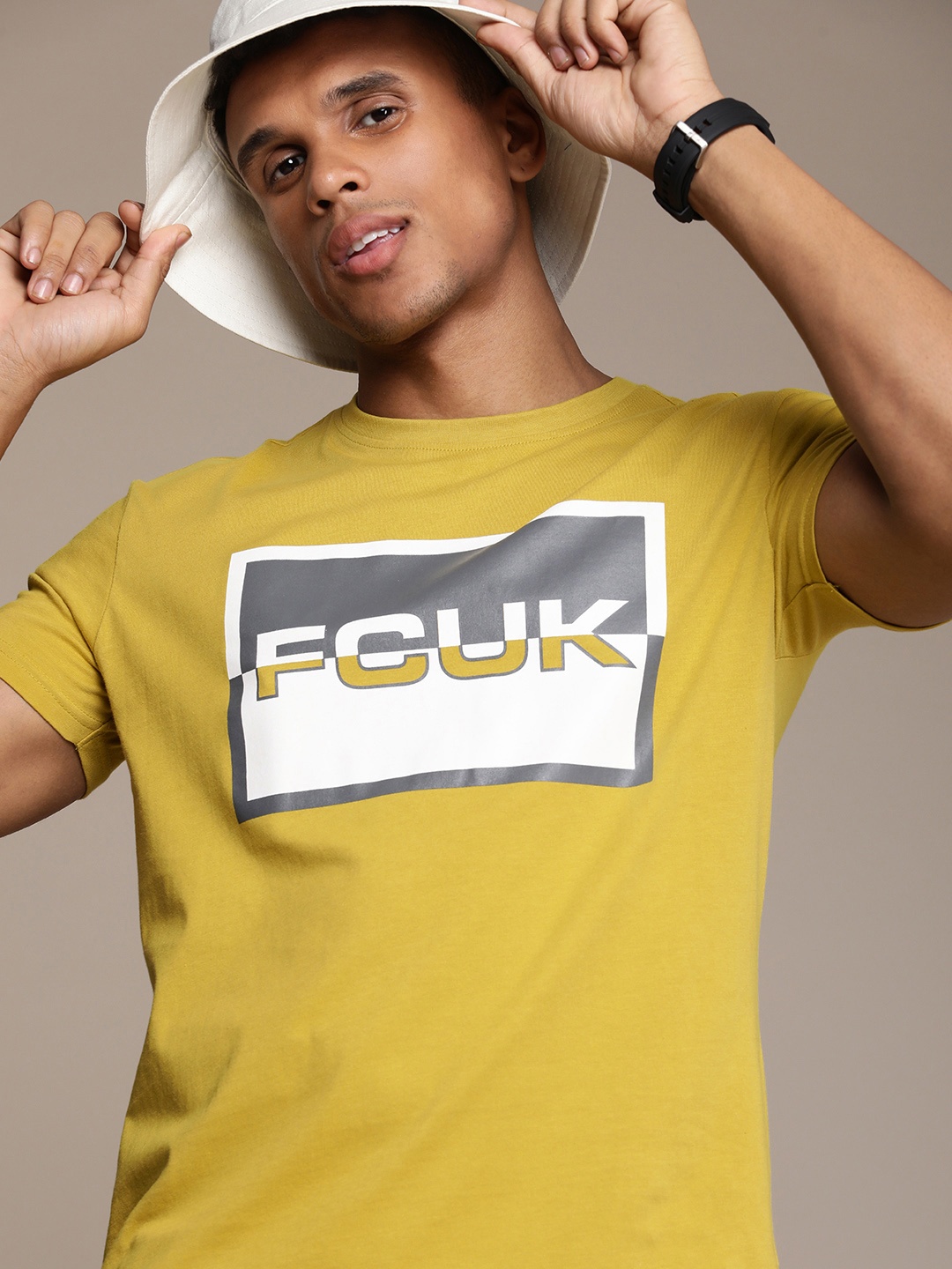 

FCUK Brand Logo Print Round Neck Knitted Pure Cotton T-shirt, Olive