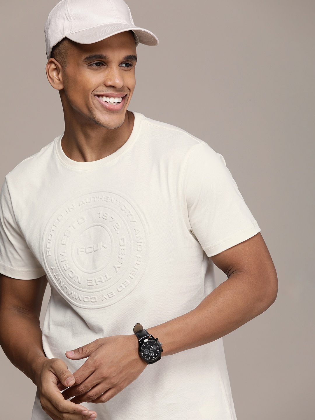 

FCUK Round Neck Typography Embossed Detail Pure Cotton T-shirt, Off white