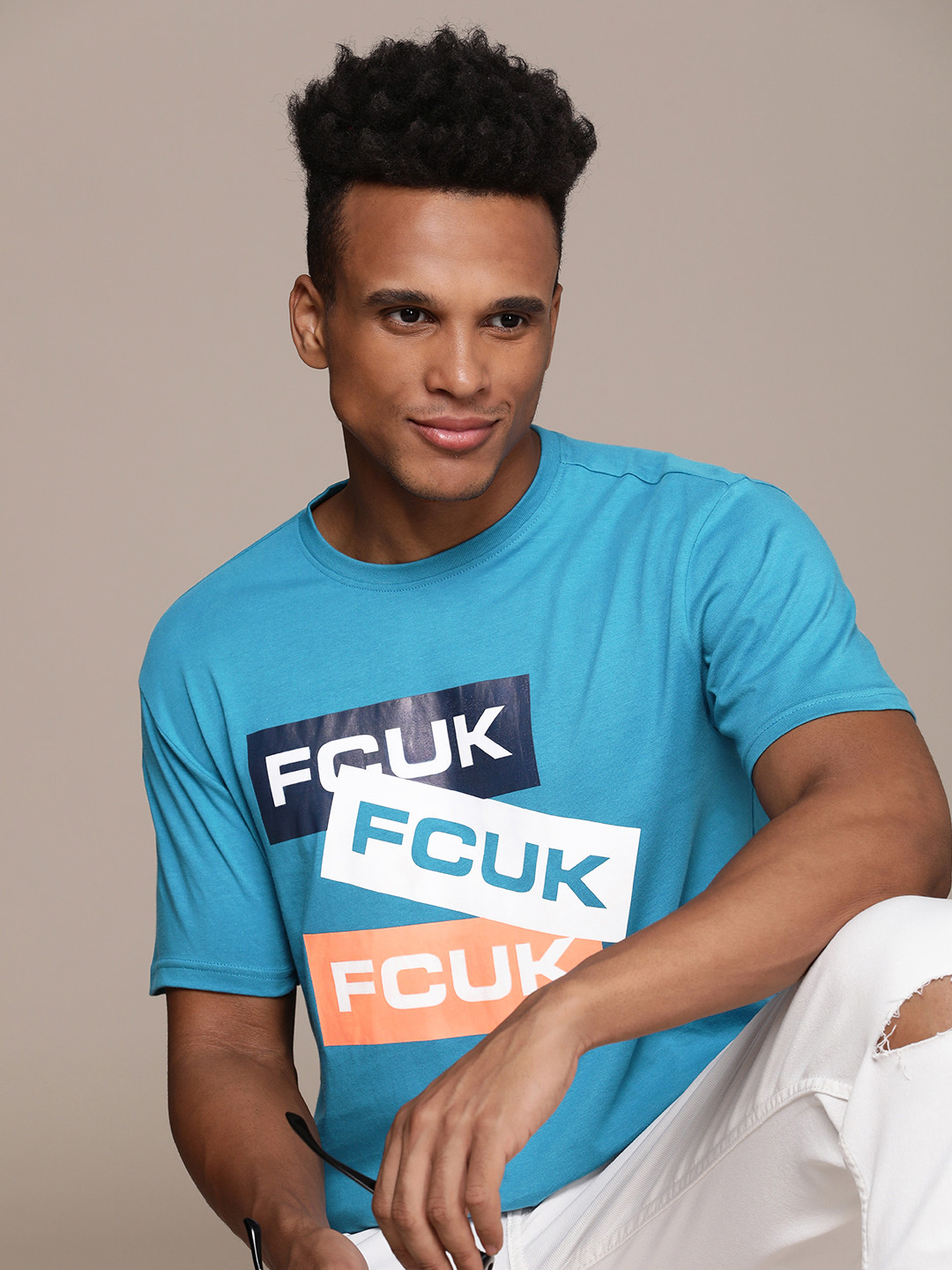 

FCUK Graphic Typography Printed Pure Cotton T-shirt, Blue