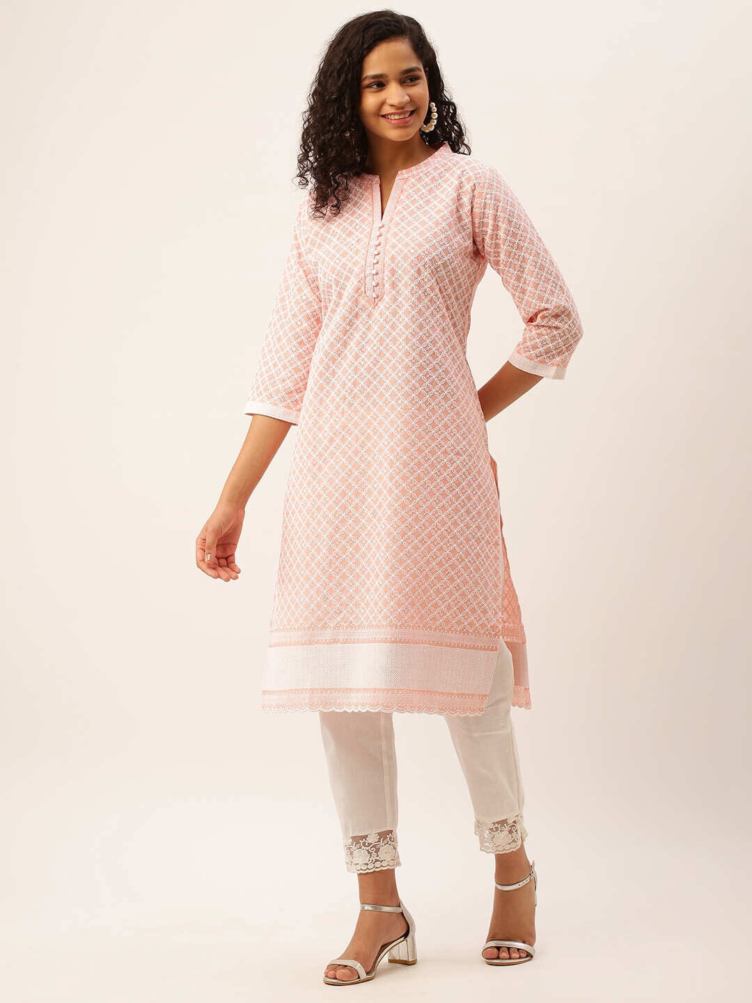 

ZOLA Women Ethnic Motifs Embroidered Thread Work Cotton Kurta, Peach