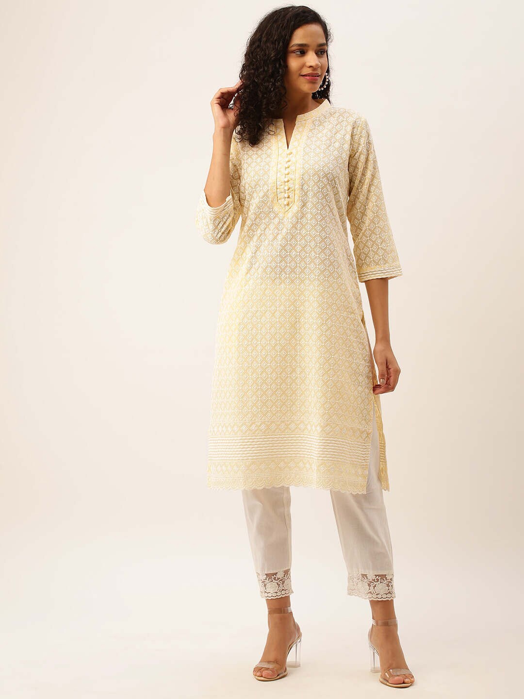 

ZOLA Ethnic Motifs Embroidered Thread Work Cotton Kurta, Yellow